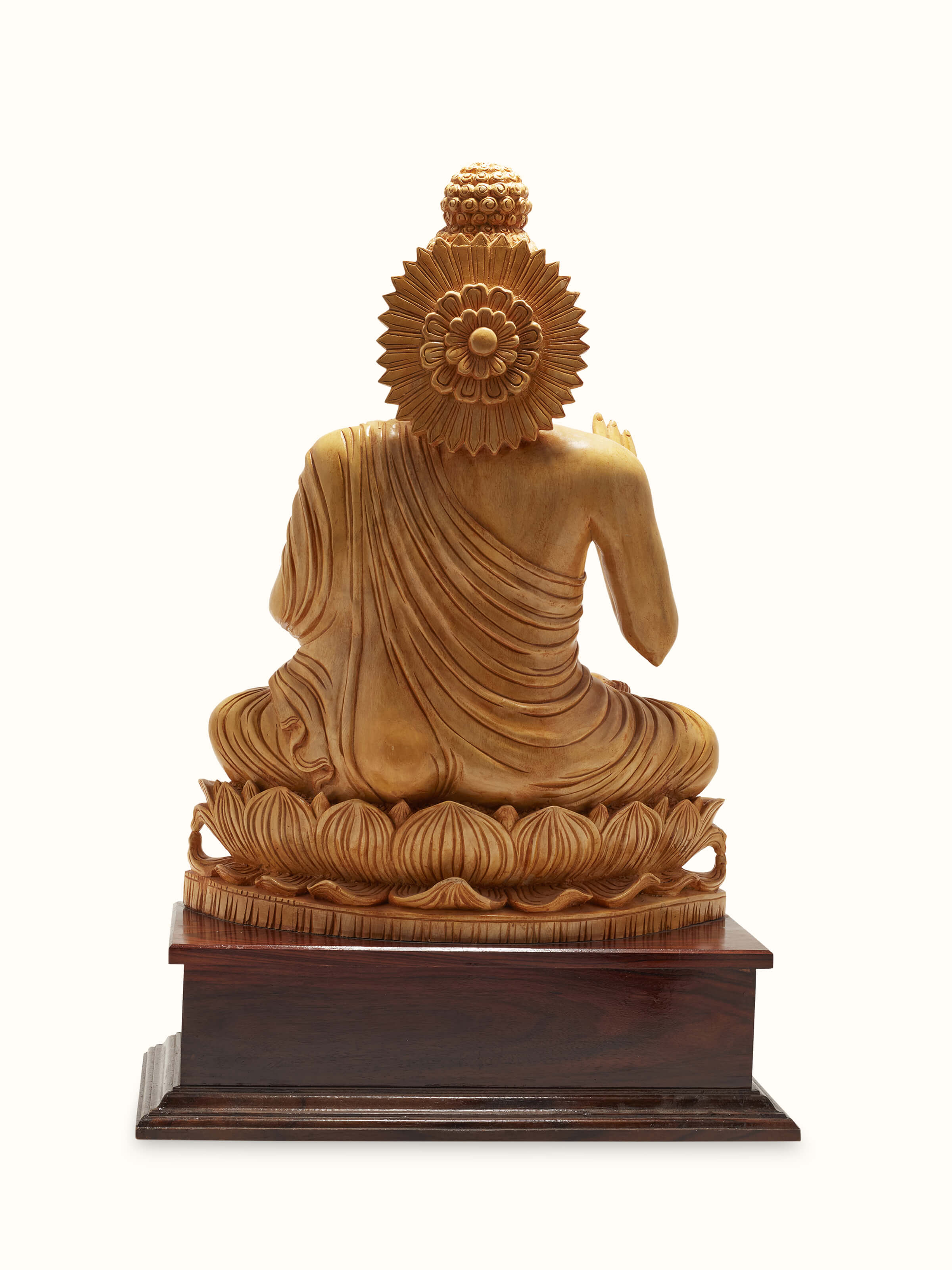 Back view of Mudra Carved Shivani Wood Buddha Idol, highlighting the detailed wood carving and overall form