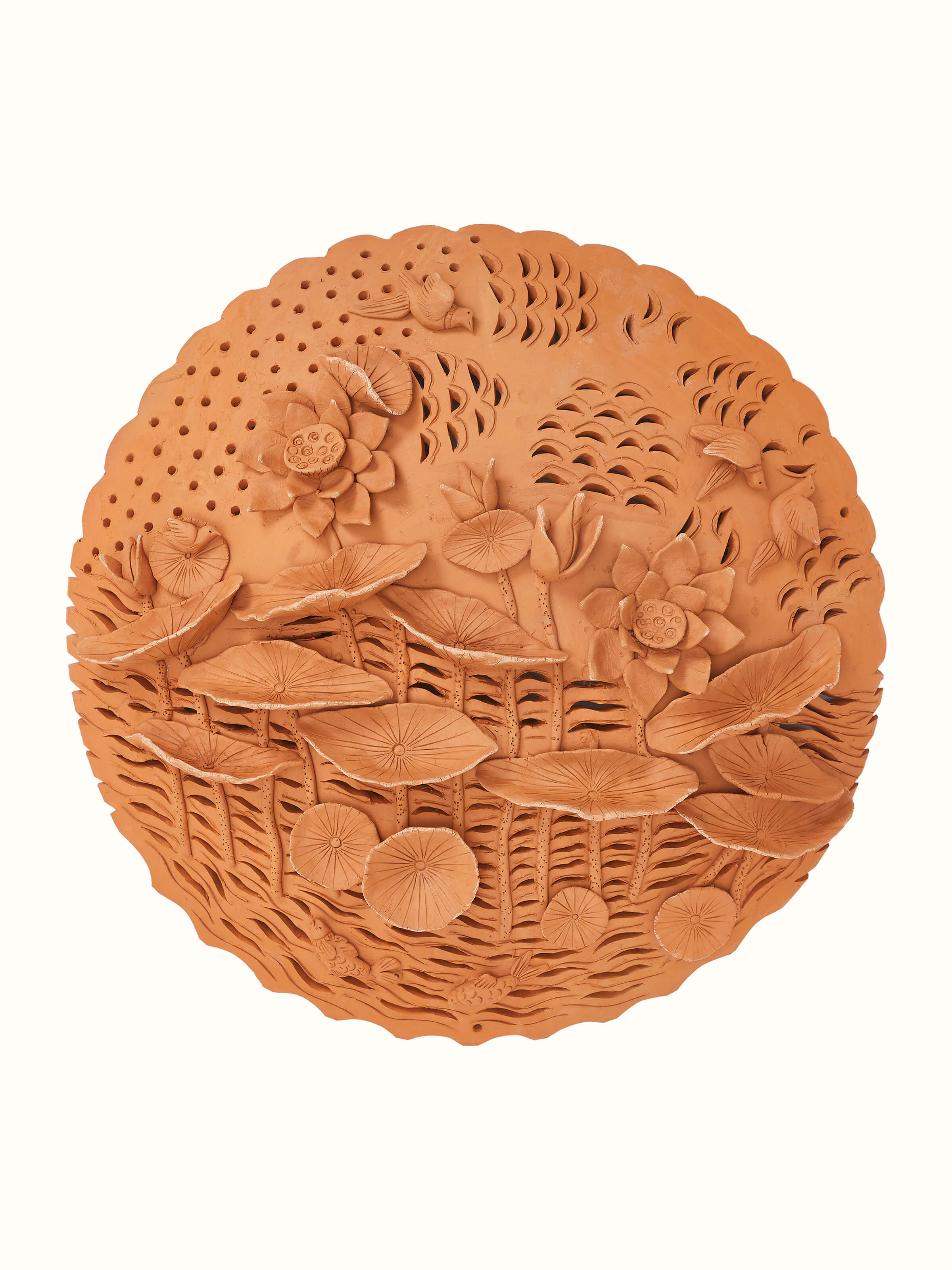 Front view of terracotta clay lotus cutout sculpture plate showcasing intricate design