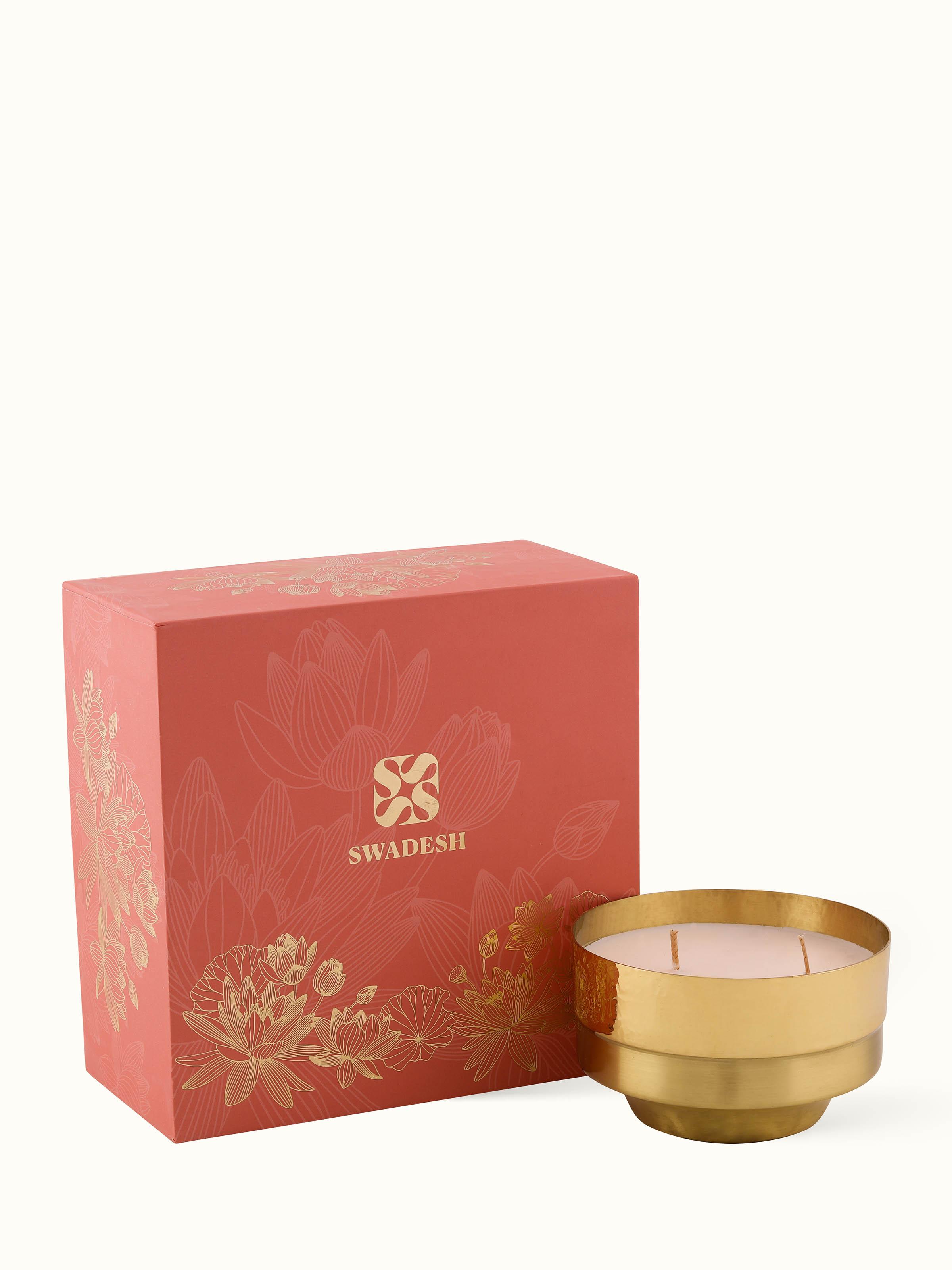 Back view of Neroli Brass Candle showcasing product information and packaging details