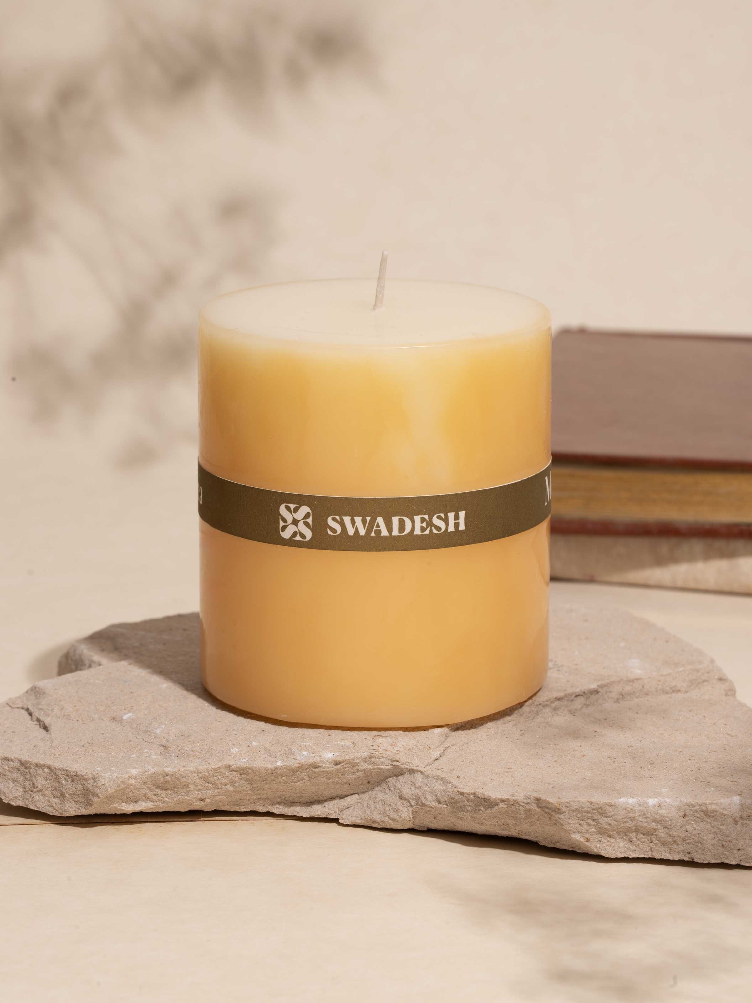 Side view of Mogra Pillar Candle showcasing its elegant shape and intricate details