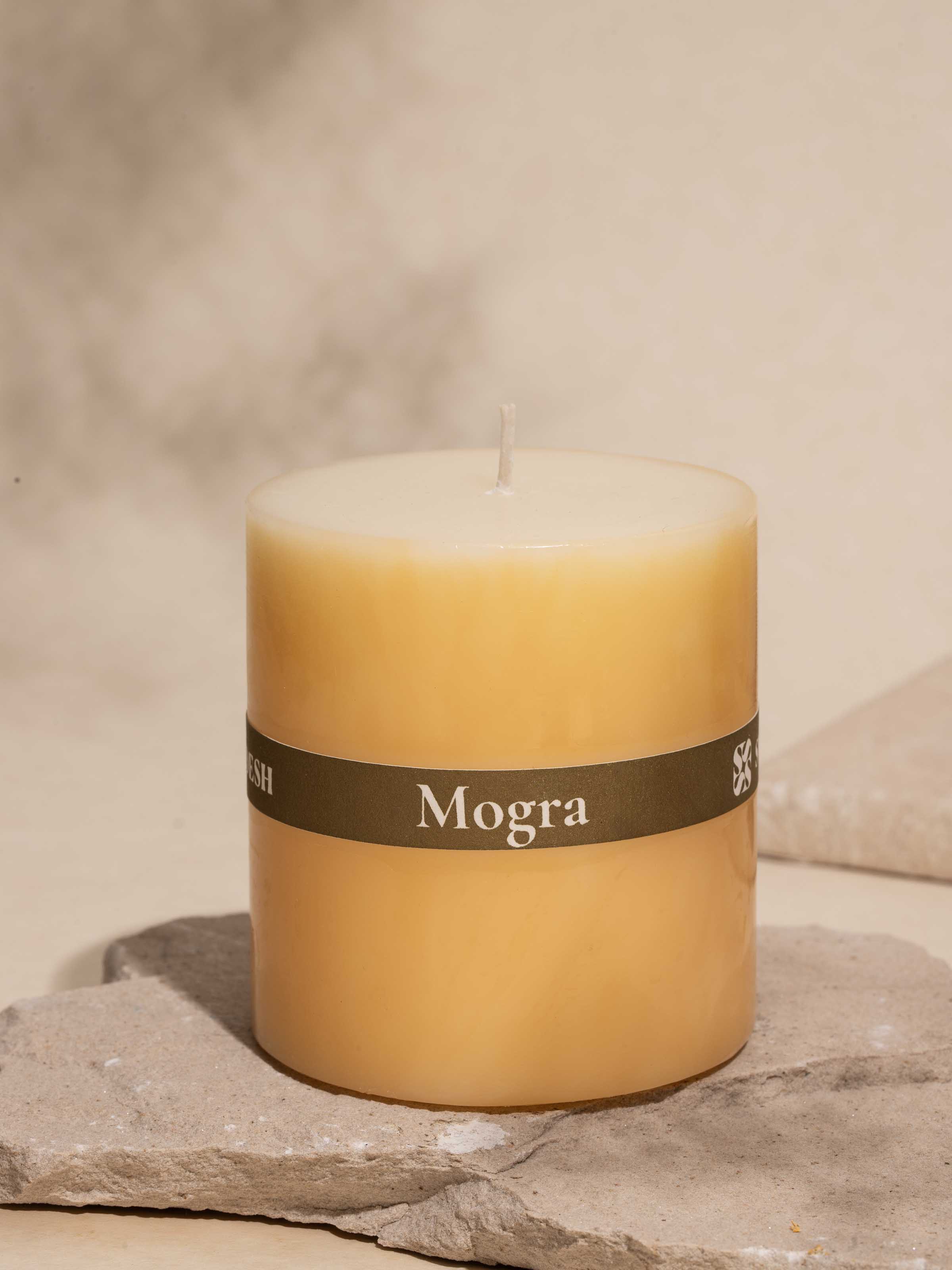 Close-up of Mogra Pillar Candle (3 inches) emphasizing the creamy wax and intricate patterns