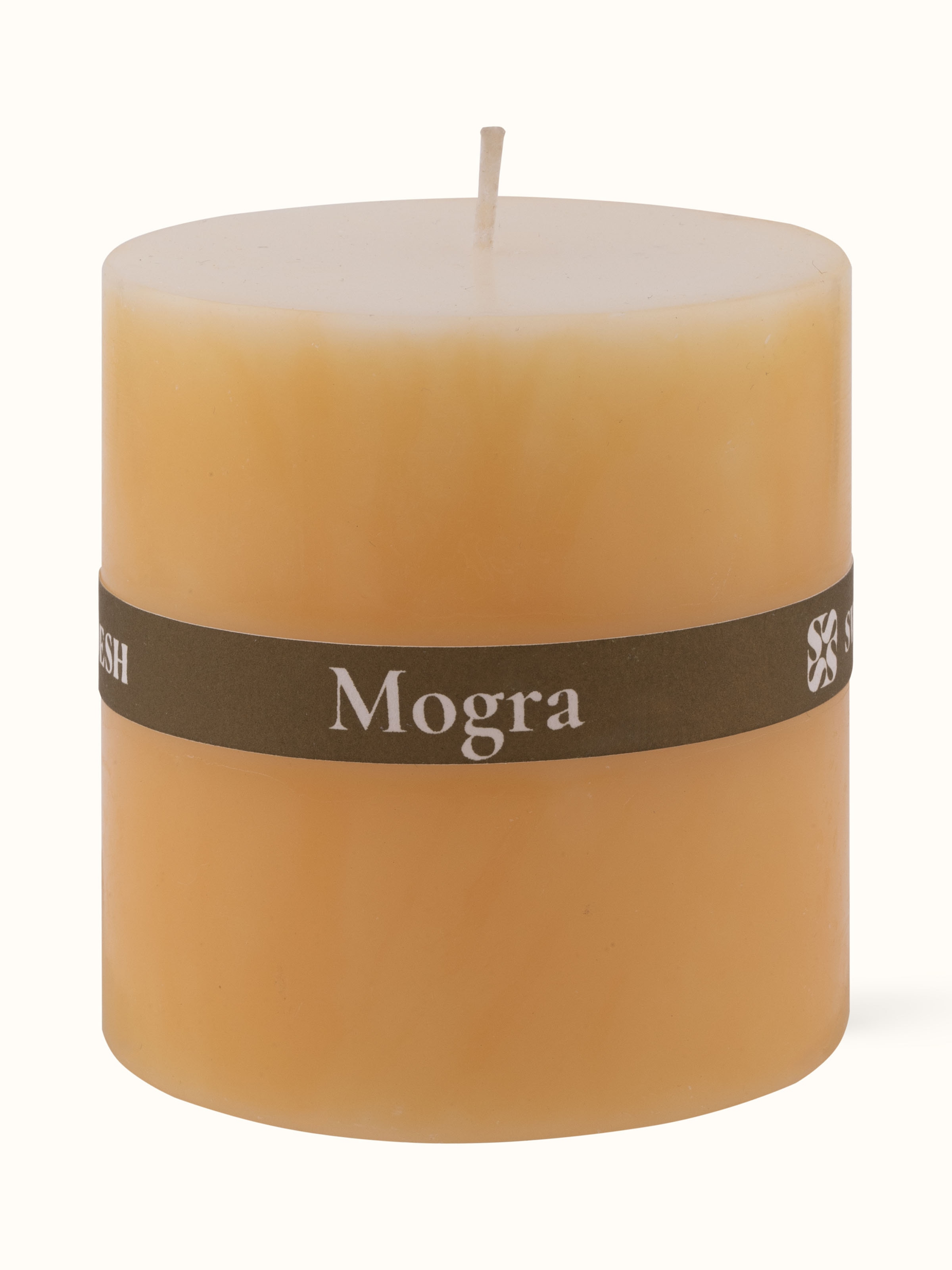 Back view of Mogra Pillar Candle (3 inches) showcasing product details and wax composition