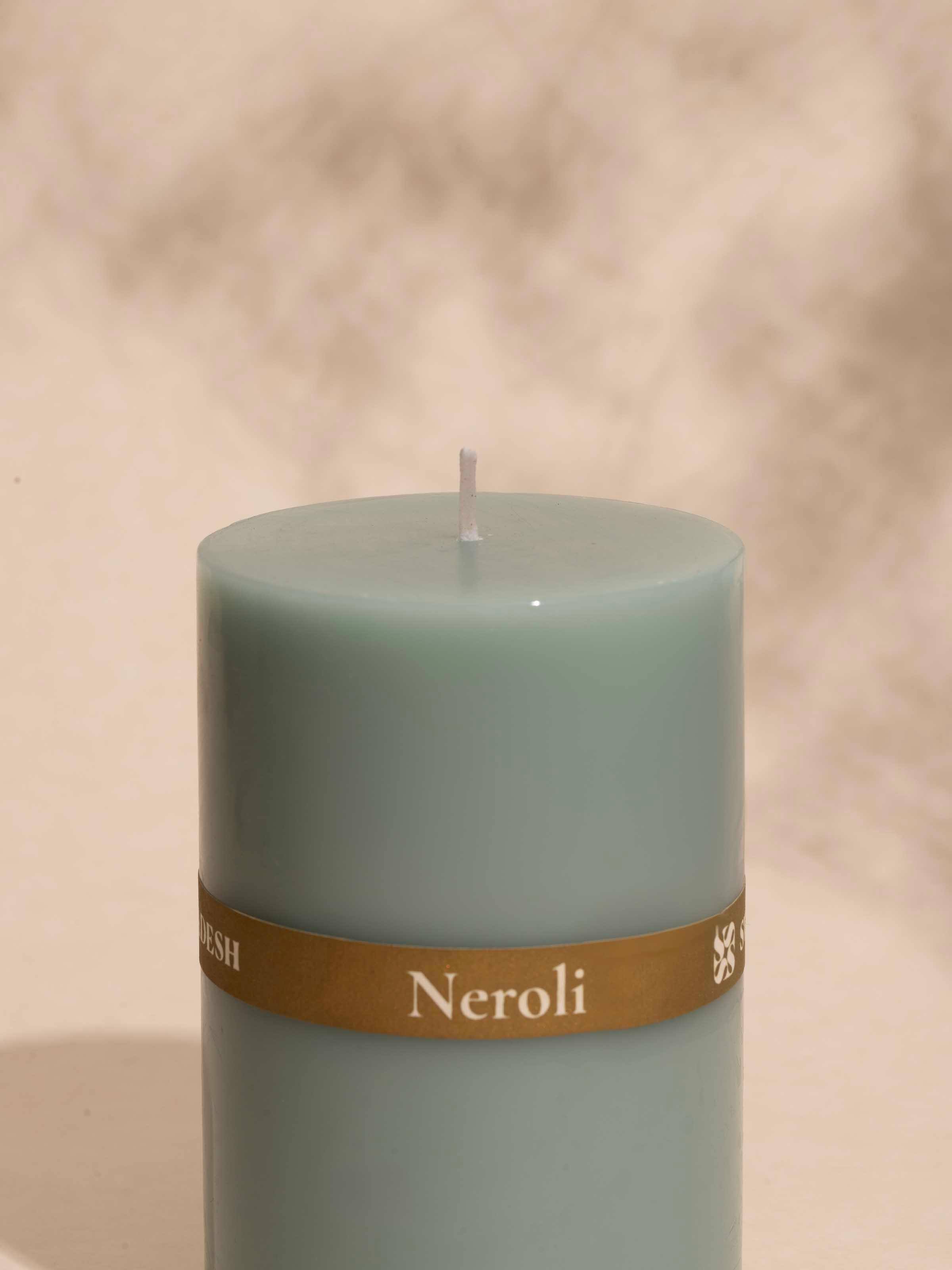 Close-up of Neroli Pillar Candle focusing on the wick and wax details