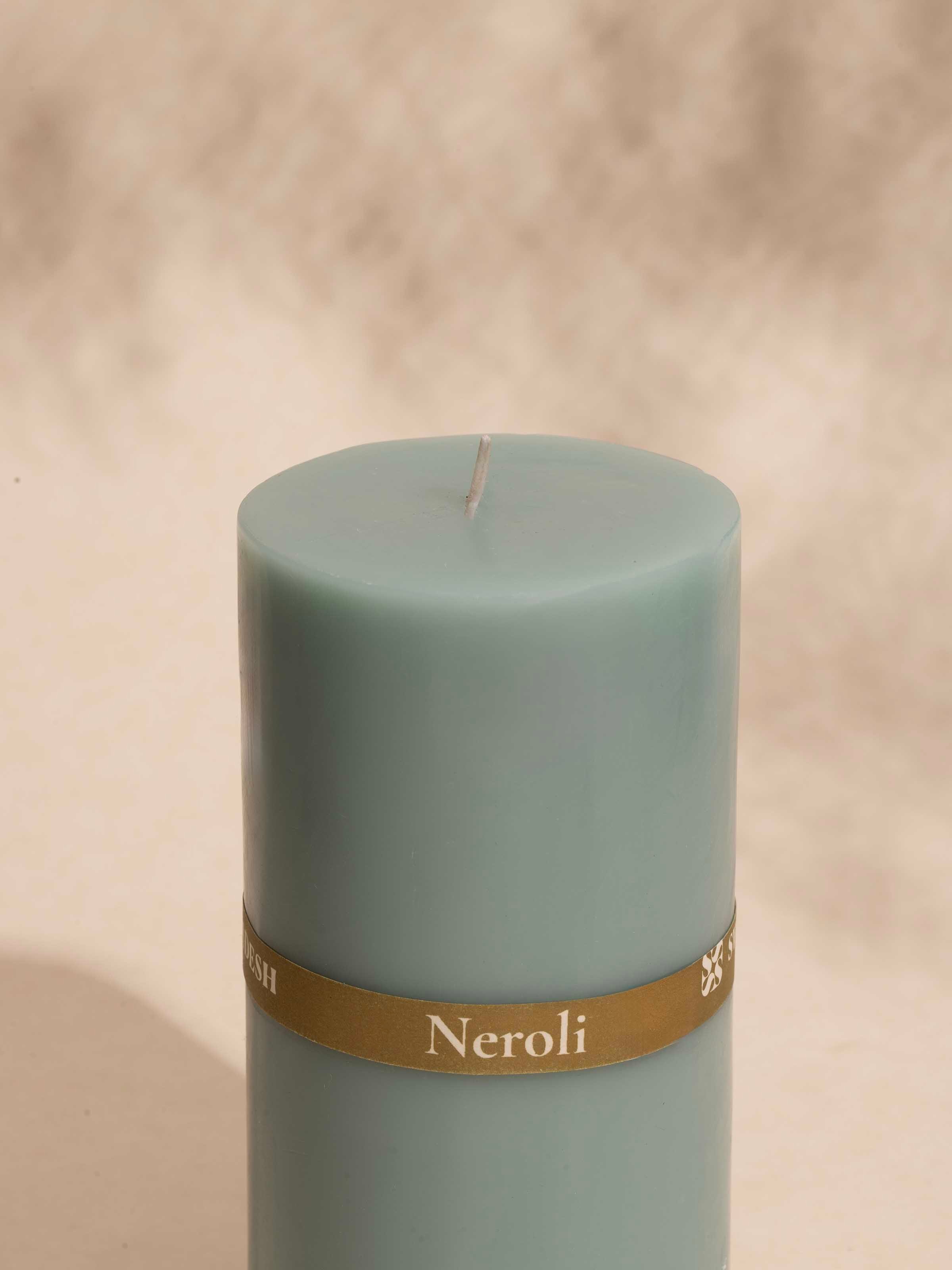 Close-up of Neroli Pillar Candle focusing on the wick and texture of the wax