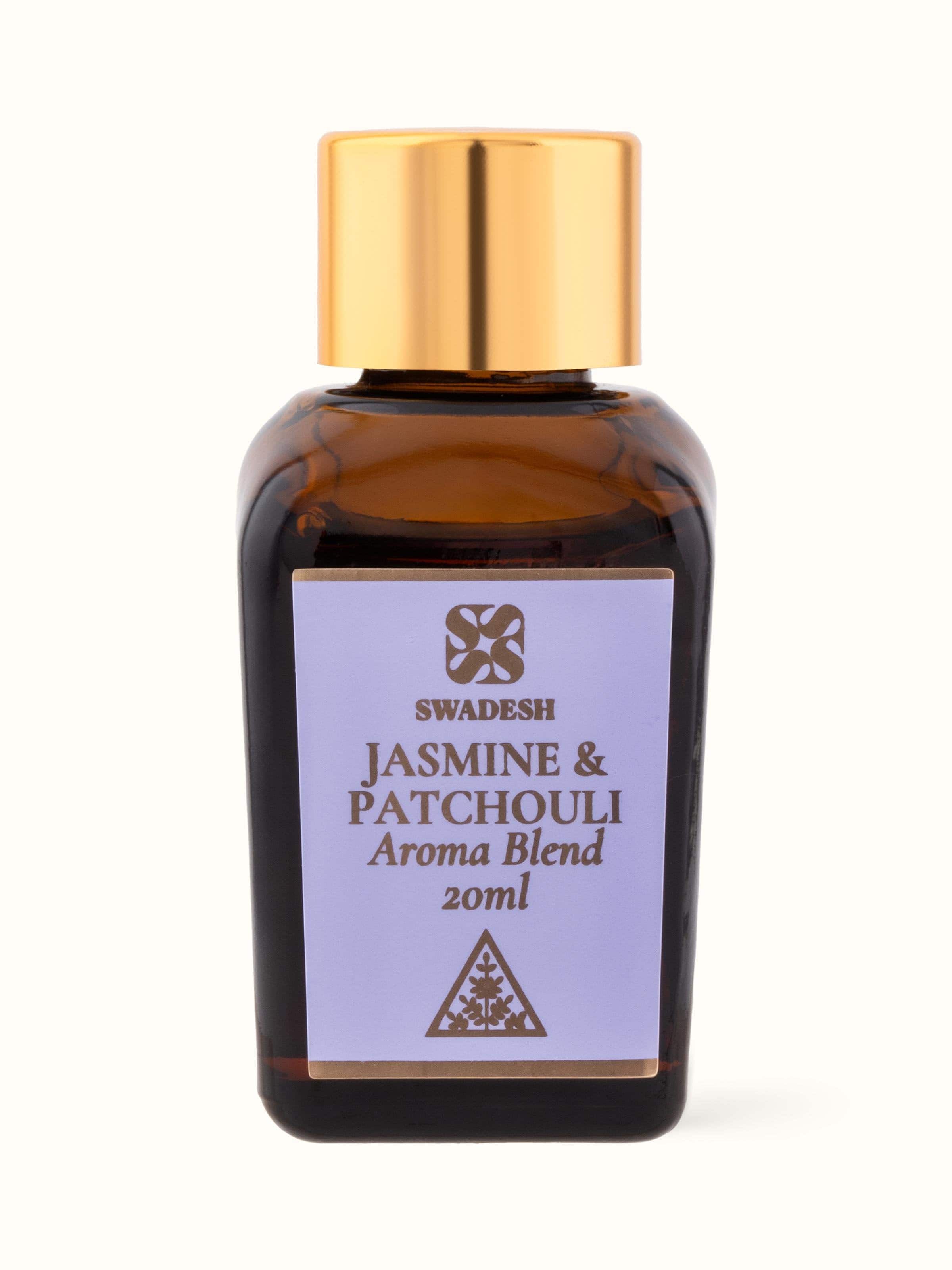 Aroma Blend Jasmine & Patchouli bottle with a detailed view of the label and design.