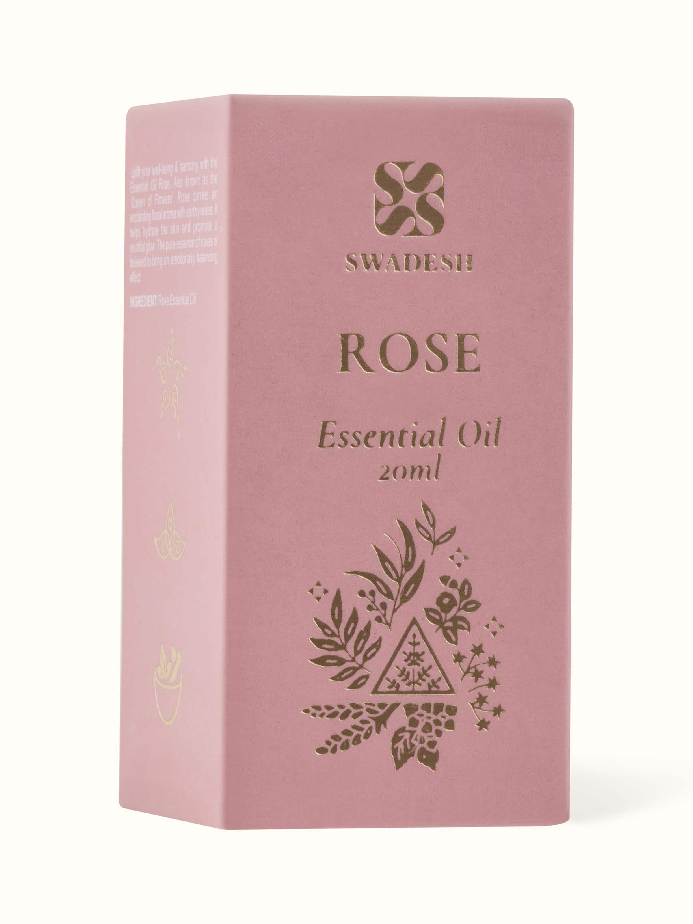 Back view of Essential Oil Rose showcasing ingredient information and usage directions