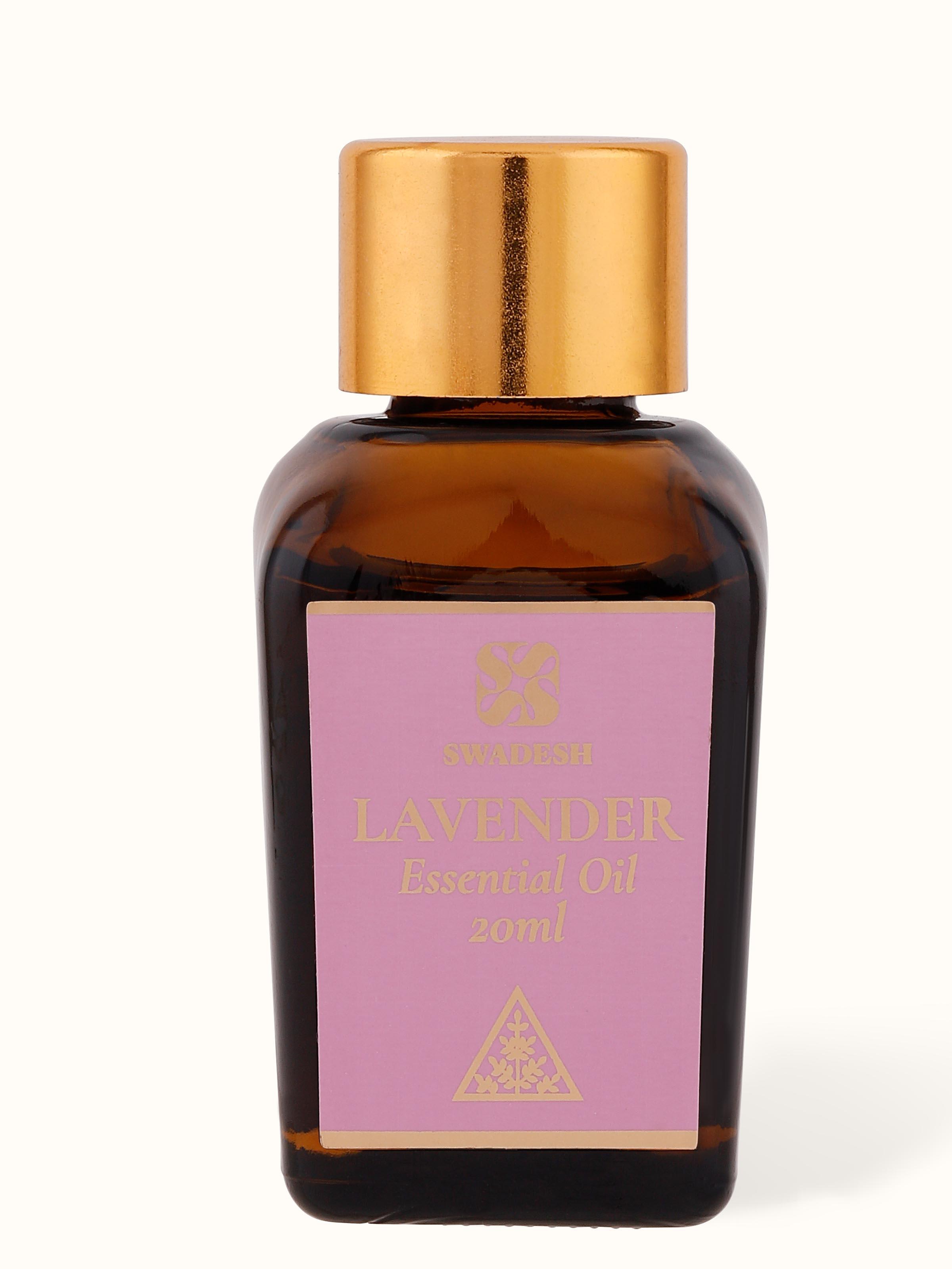 Front view of Essential Oil Lavender bottle showing the purple liquid inside and the label design.