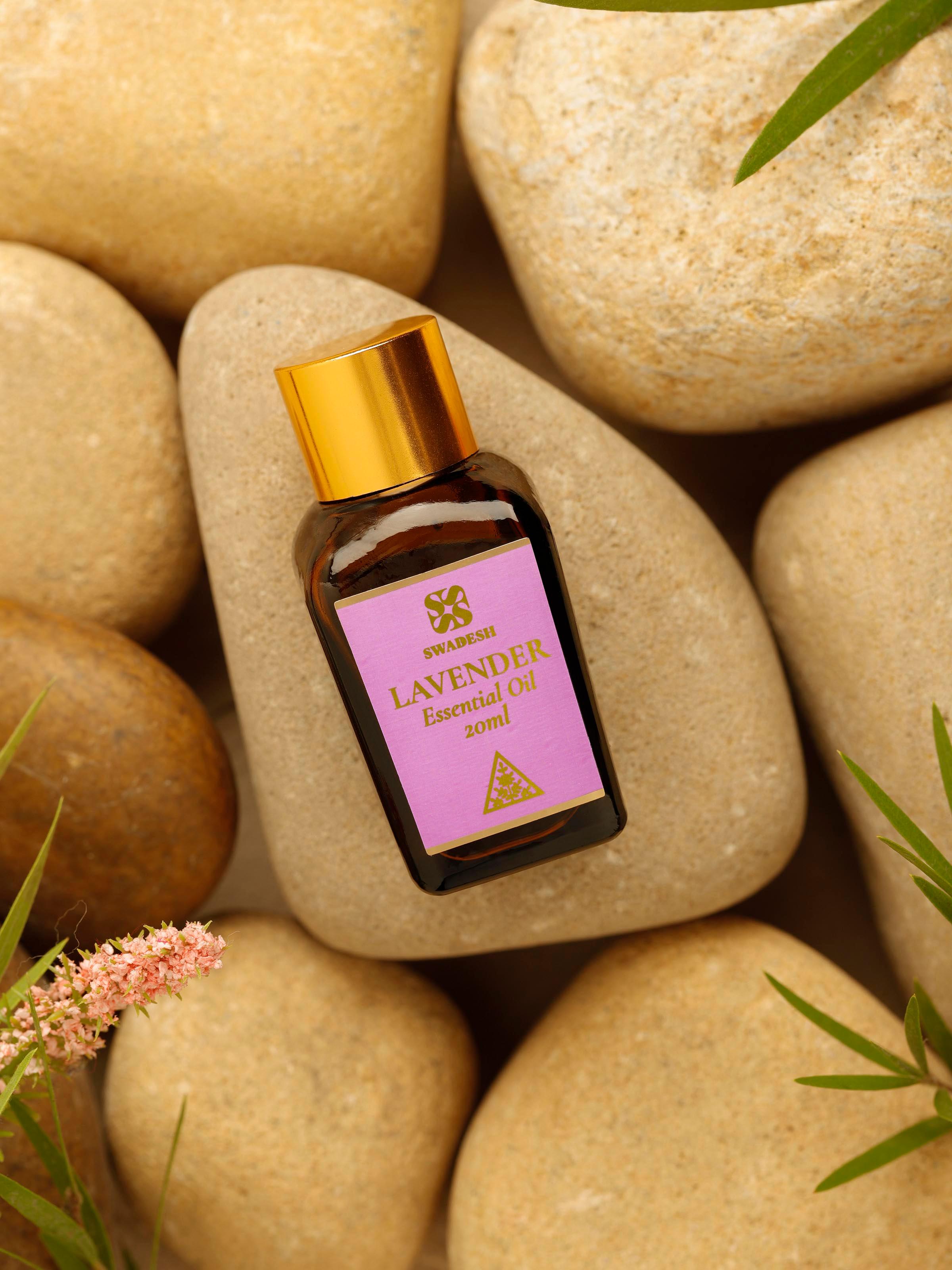 Side view of Essential Oil Lavender bottle highlighting the label details and the sleek bottle design.