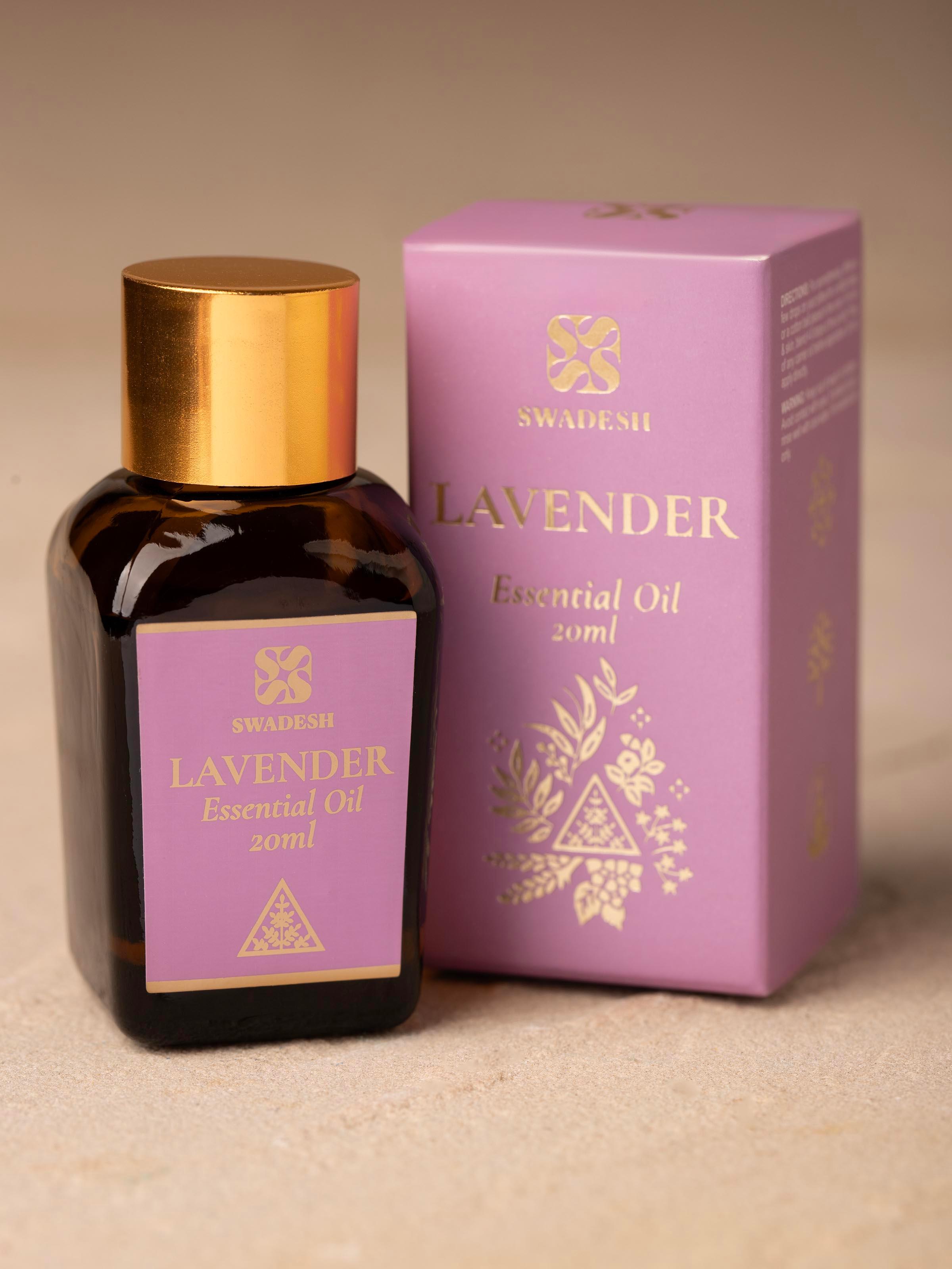 Close-up view of Essential Oil Lavender bottle focusing on the label and the clear glass texture.