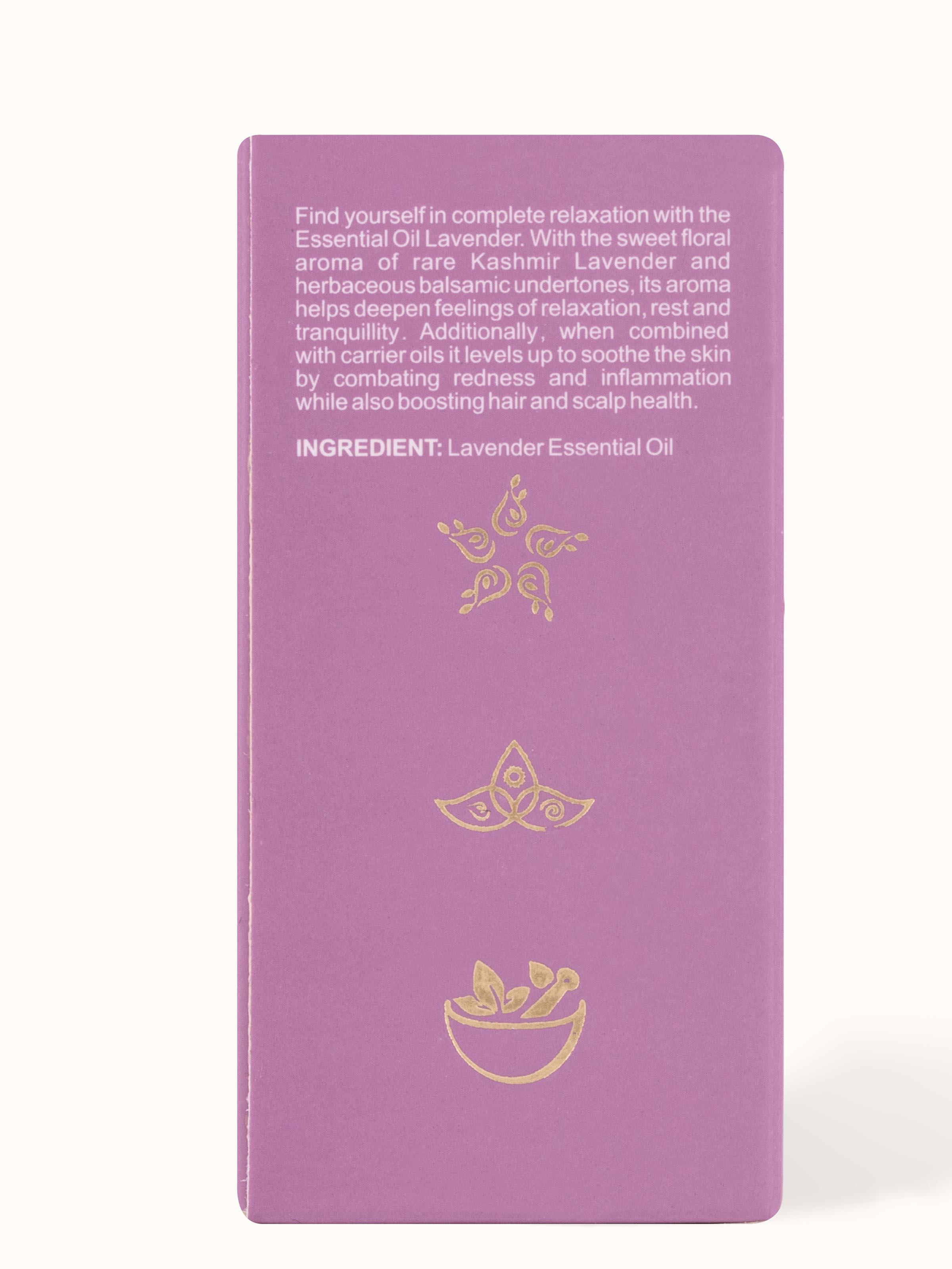 Angled view of Essential Oil Lavender bottle showcasing the overall shape and label of the product.