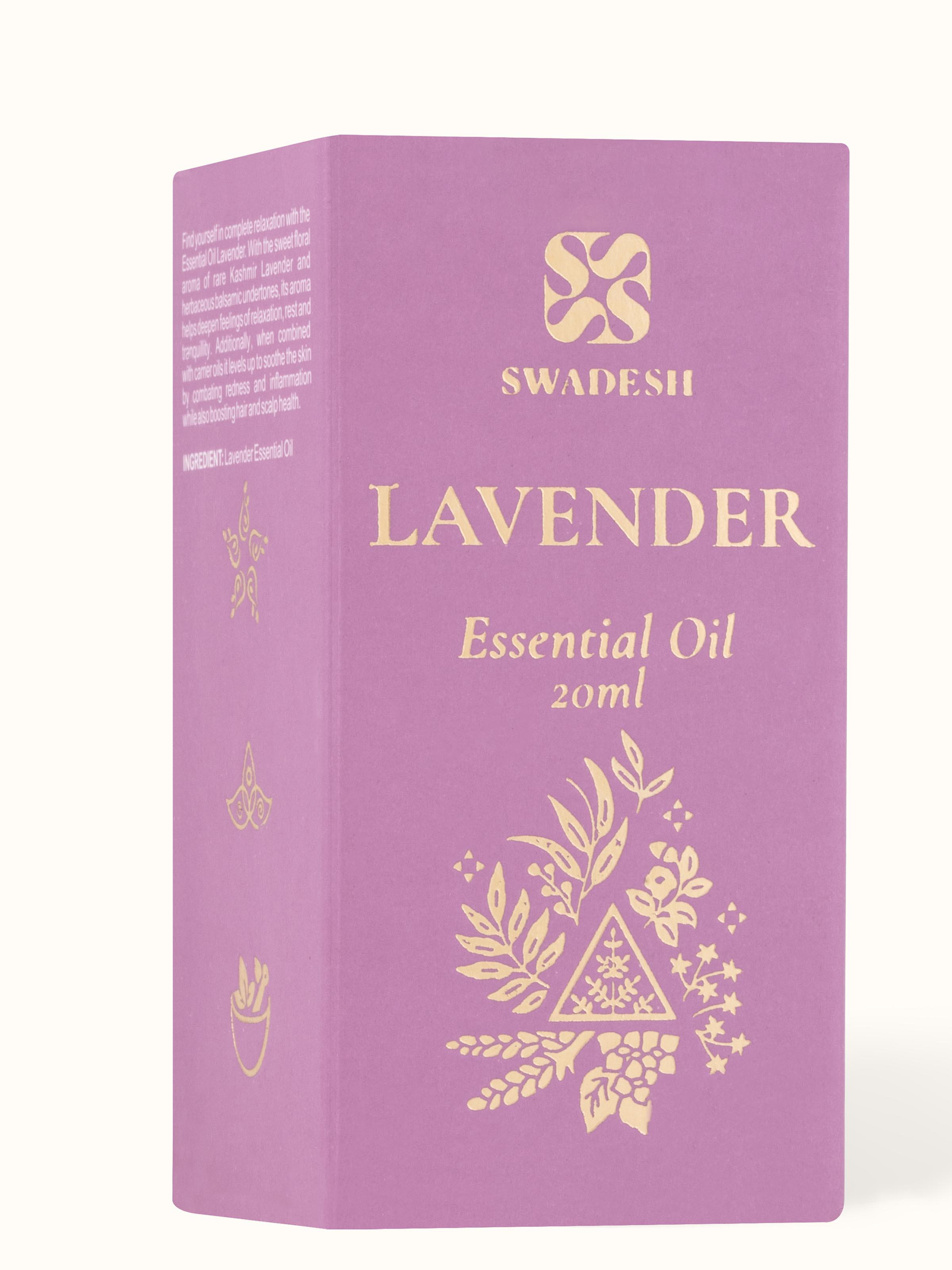 Top-down view of Essential Oil Lavender bottle with a focus on the bottle cap and label.