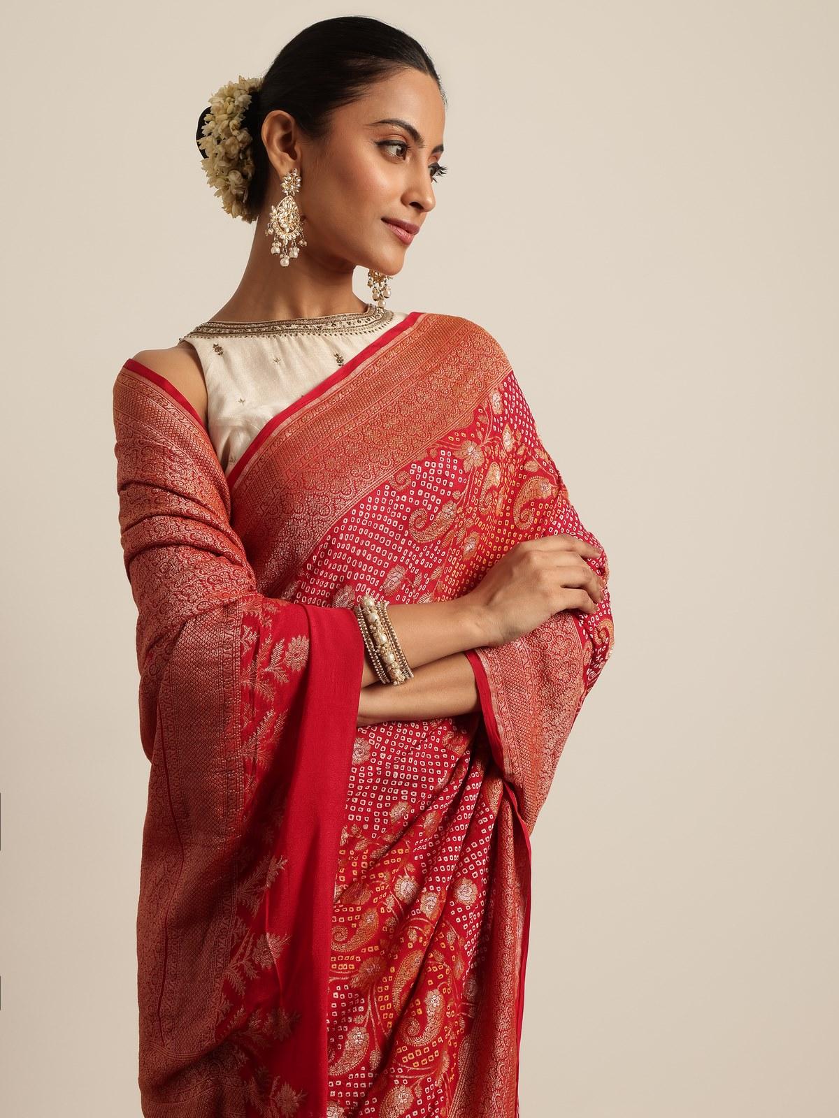 Light Pink Mulberry Georgette Silk Bandhani Saree
