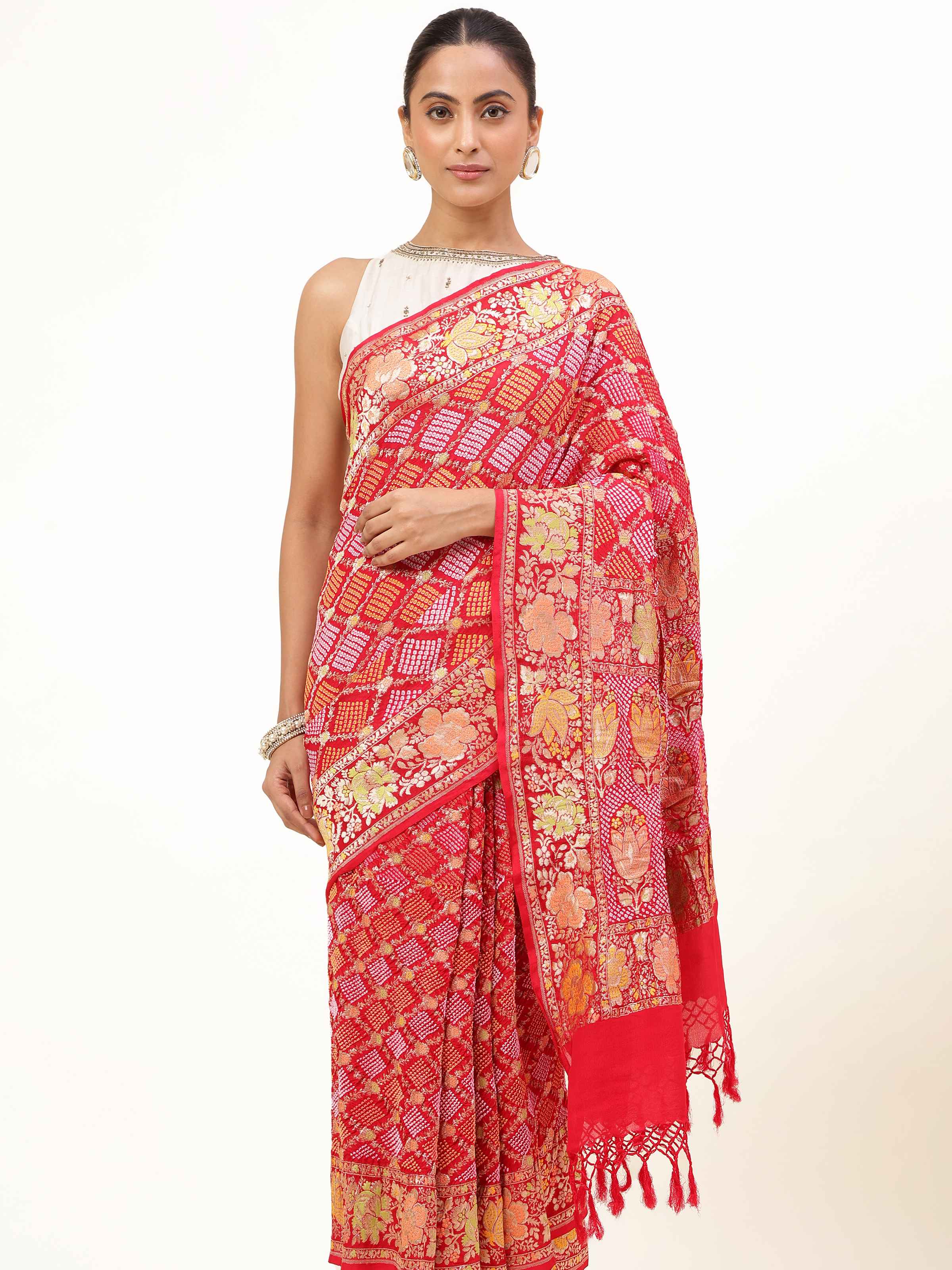 Red Mulberry Georgette Silk Bandhani Saree