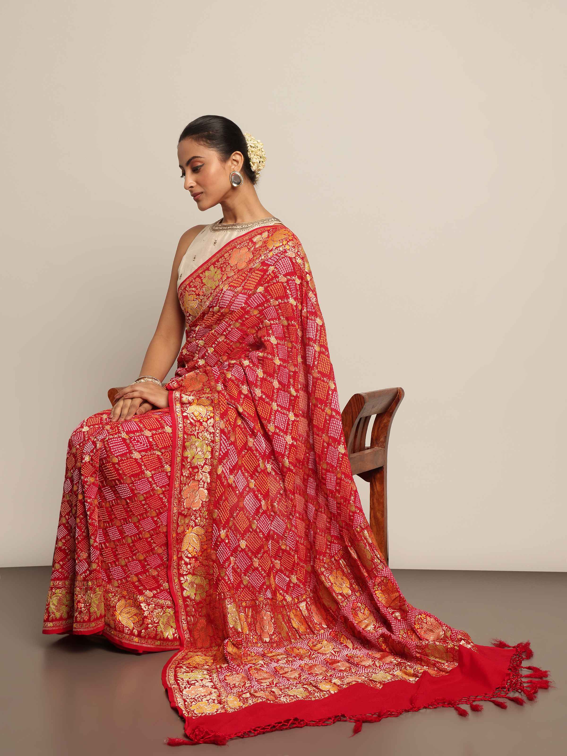 Red Mulberry Georgette Silk Bandhani Saree
