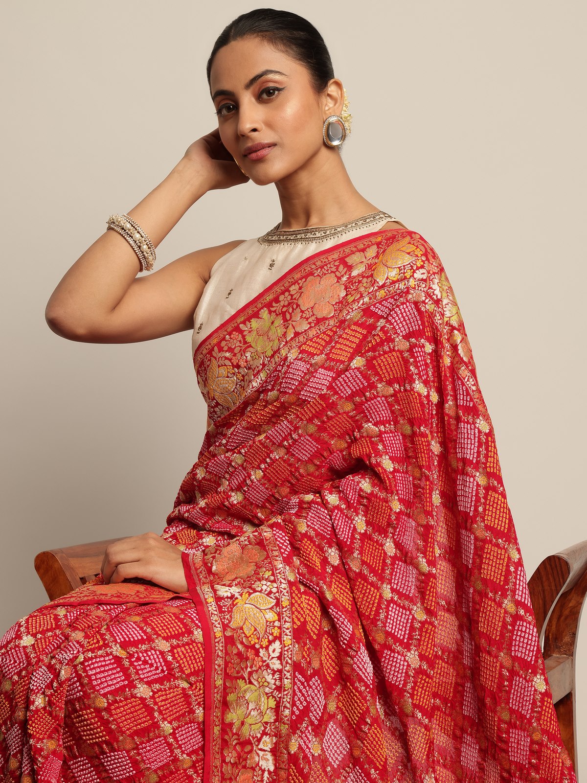 Red Mulberry Georgette Silk Bandhani Saree