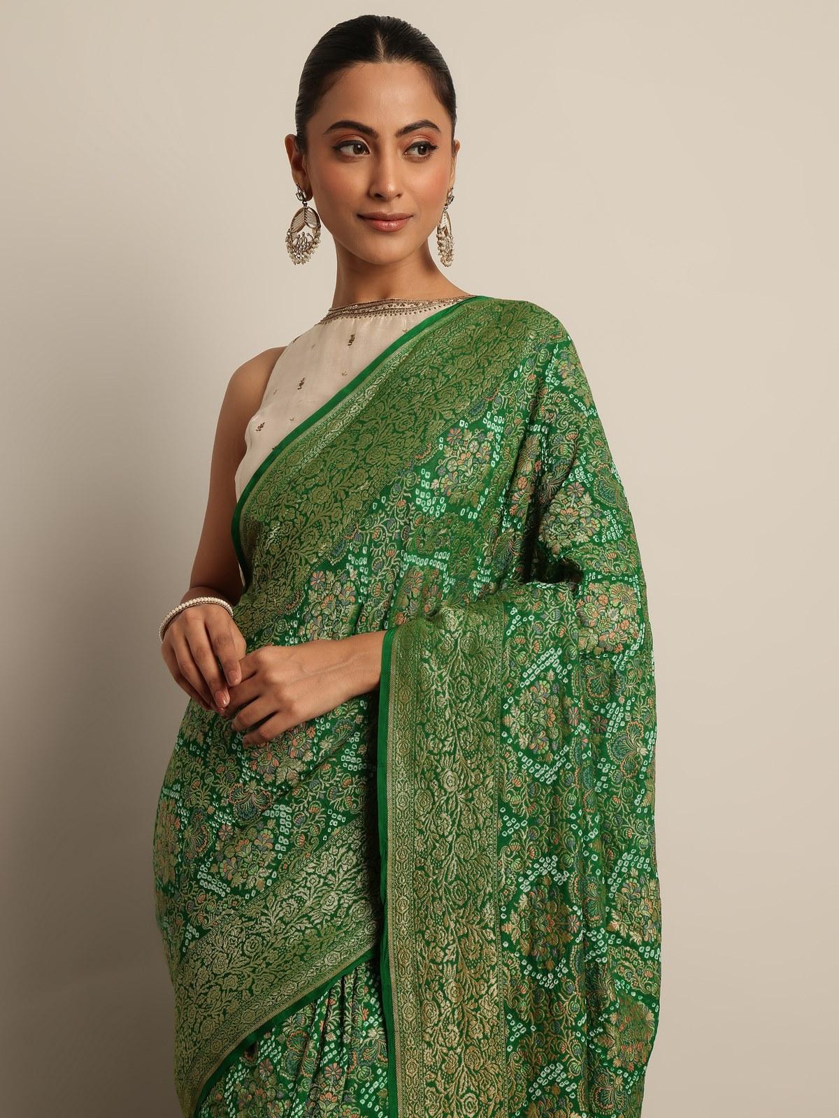 Green Mulberry Georgette Silk Bandhani Saree