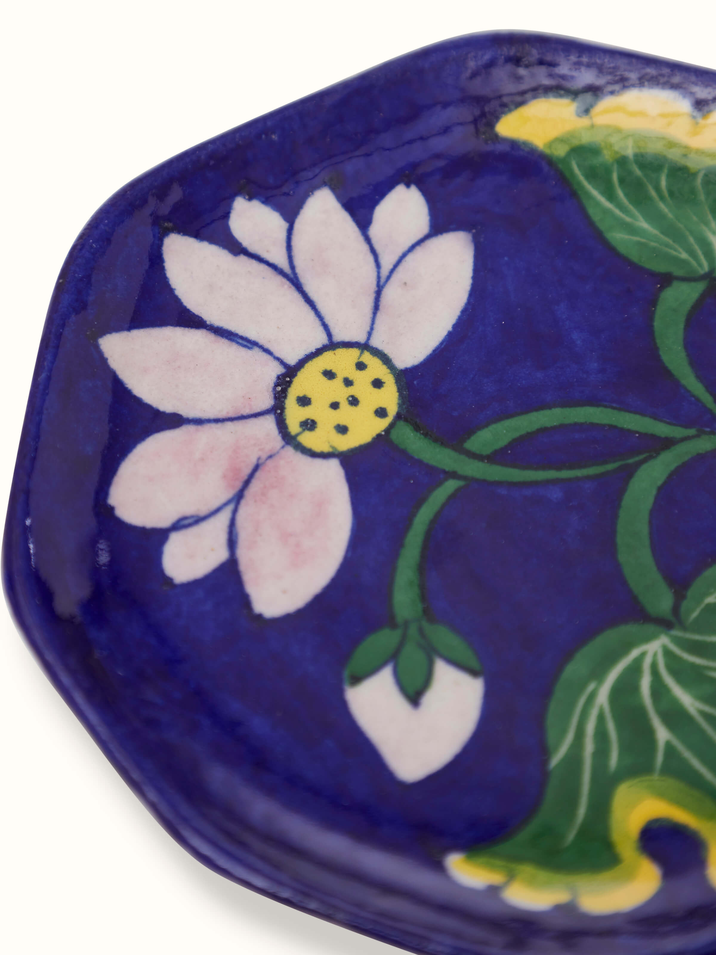 Top view of blue pottery stoneware lotus incense stick holder showing its detailed craftsmanship