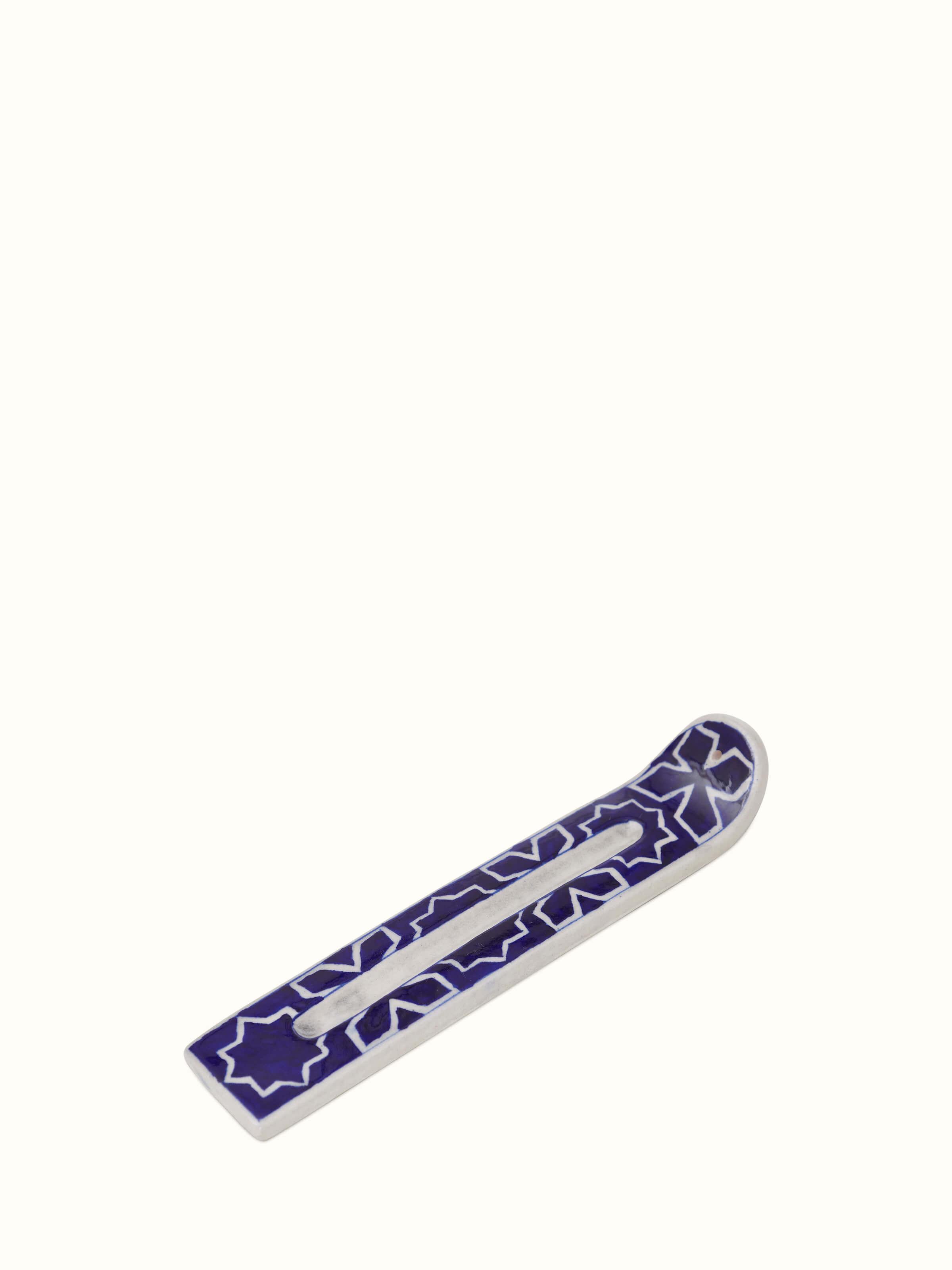Close-up of Blue Pottery Stoneware Rectangular Incense Holder showcasing its intricate design.