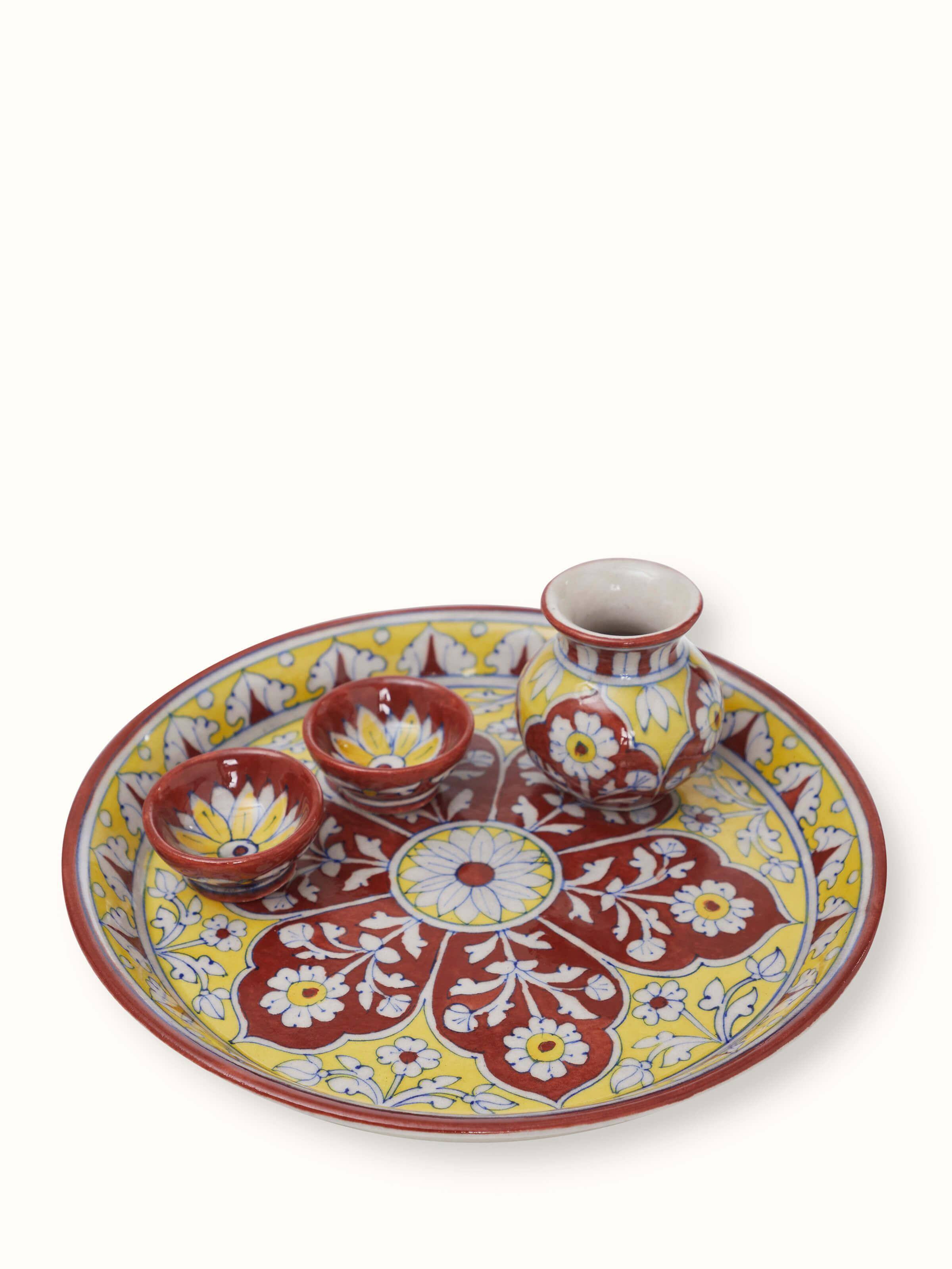 Top view of Polished Blue Pottery Stoneware Pooja Thali Set maroon color, showing the arrangement and design of items