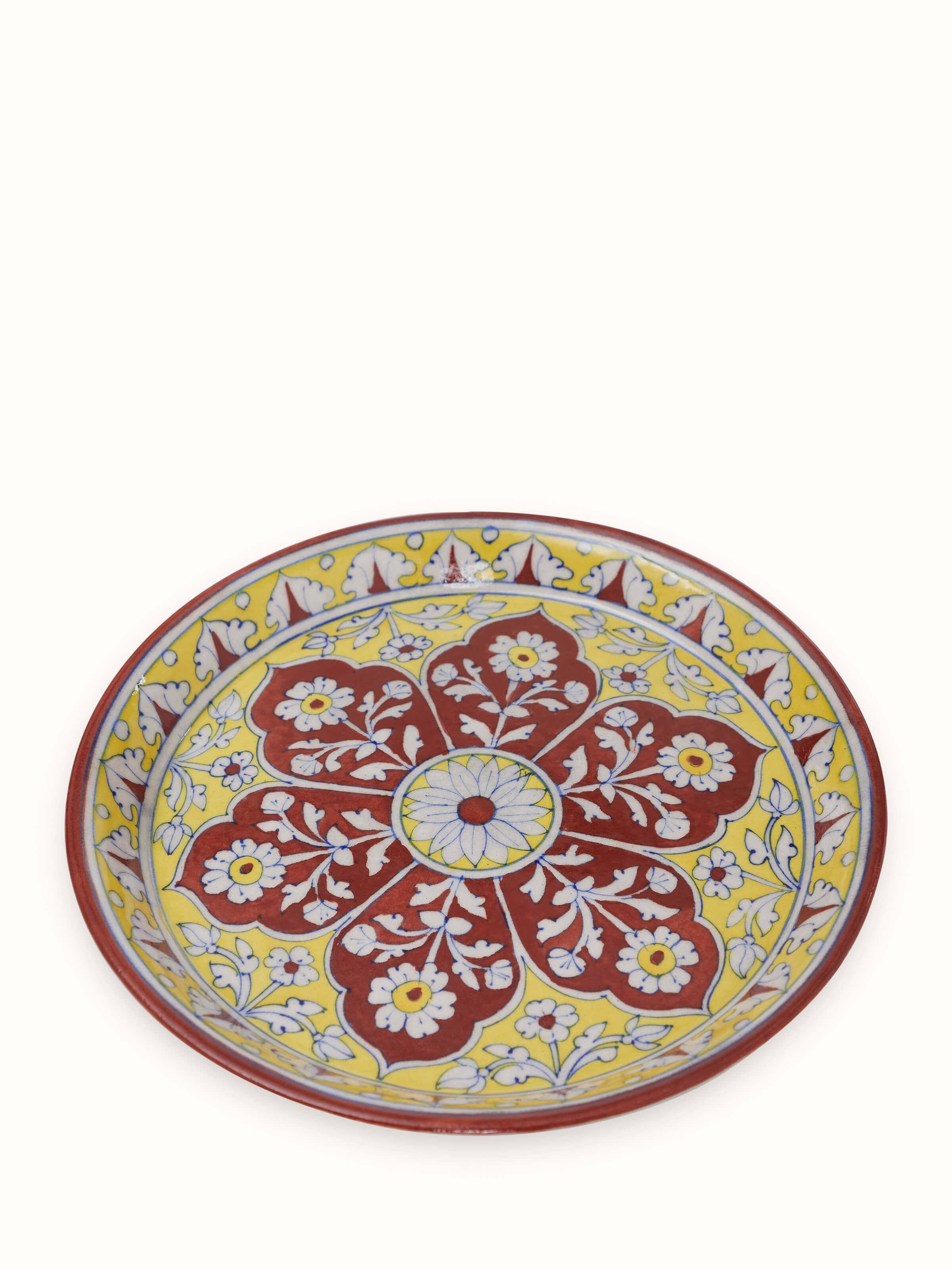 Side view of Polished Blue Pottery Stoneware Pooja Thali Set maroon color, displaying the thali's depth and craftsmanship