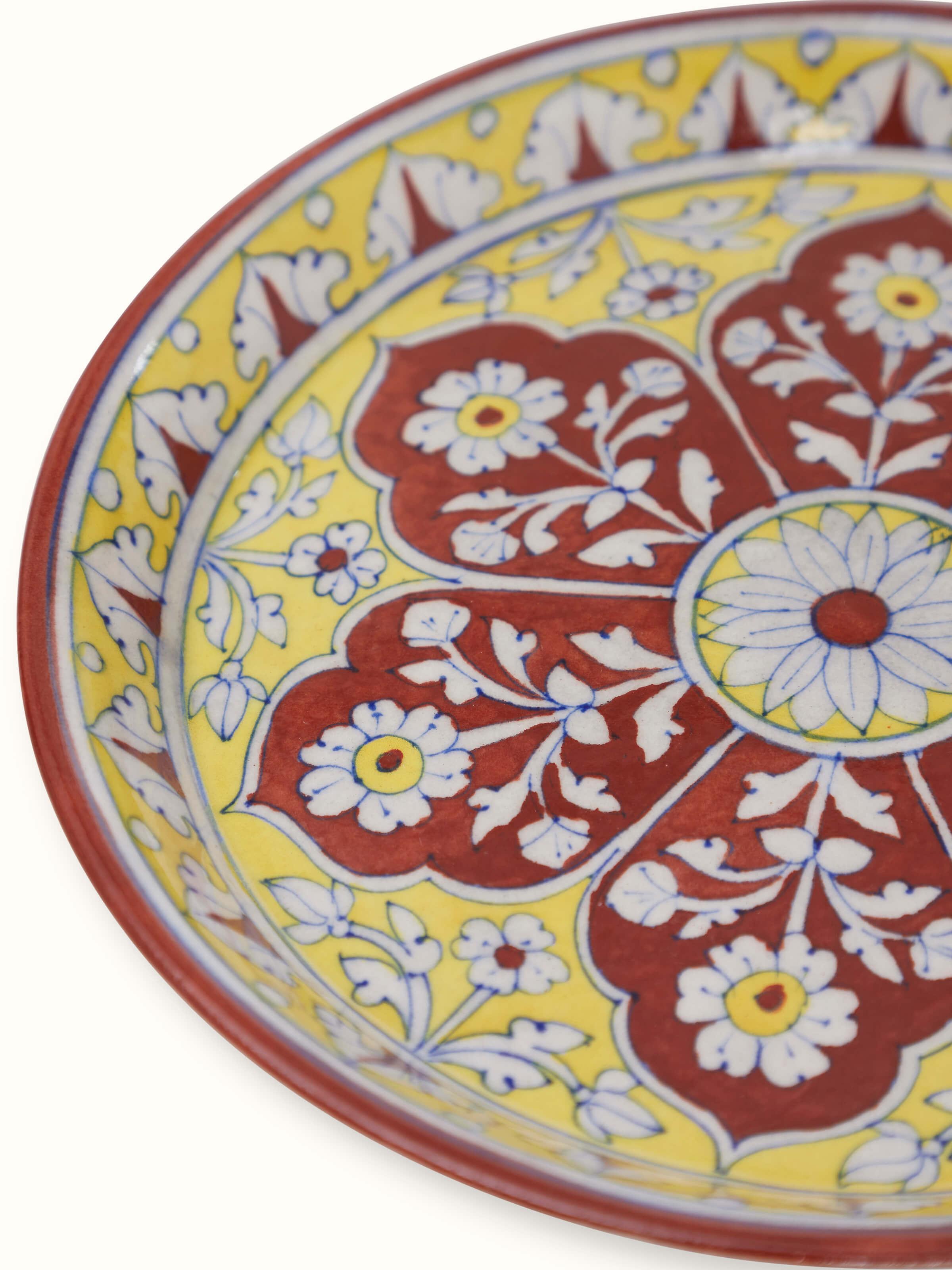 Complete set of Polished Blue Pottery Stoneware Pooja Thali Set maroon color, showing all components together