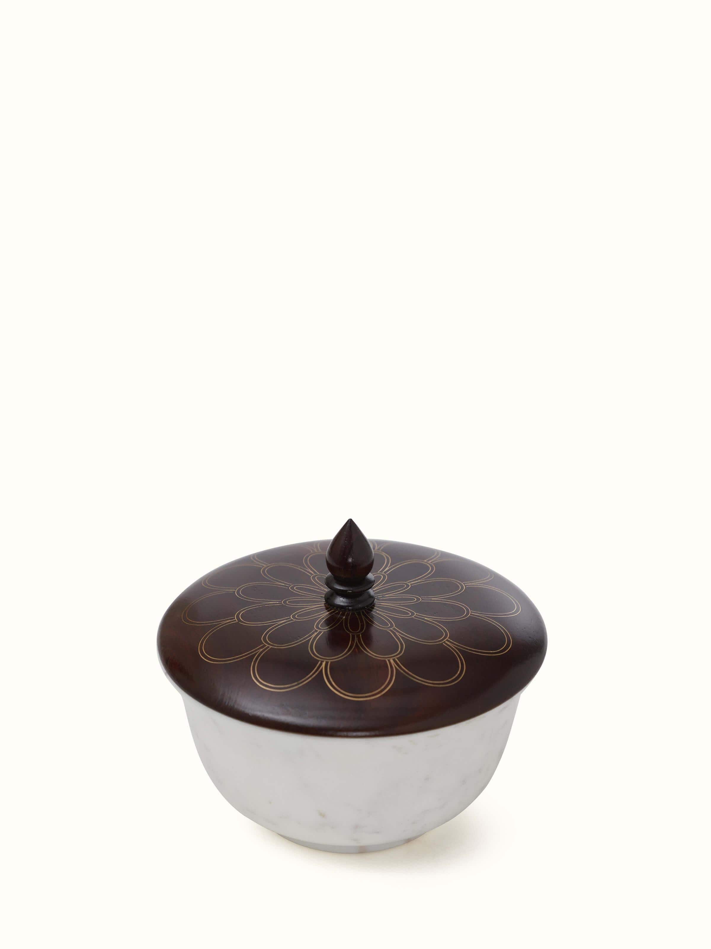 Front view of Polished Blue Pottery Marble and Wood Devotional Container in brown, showcasing its elegant design