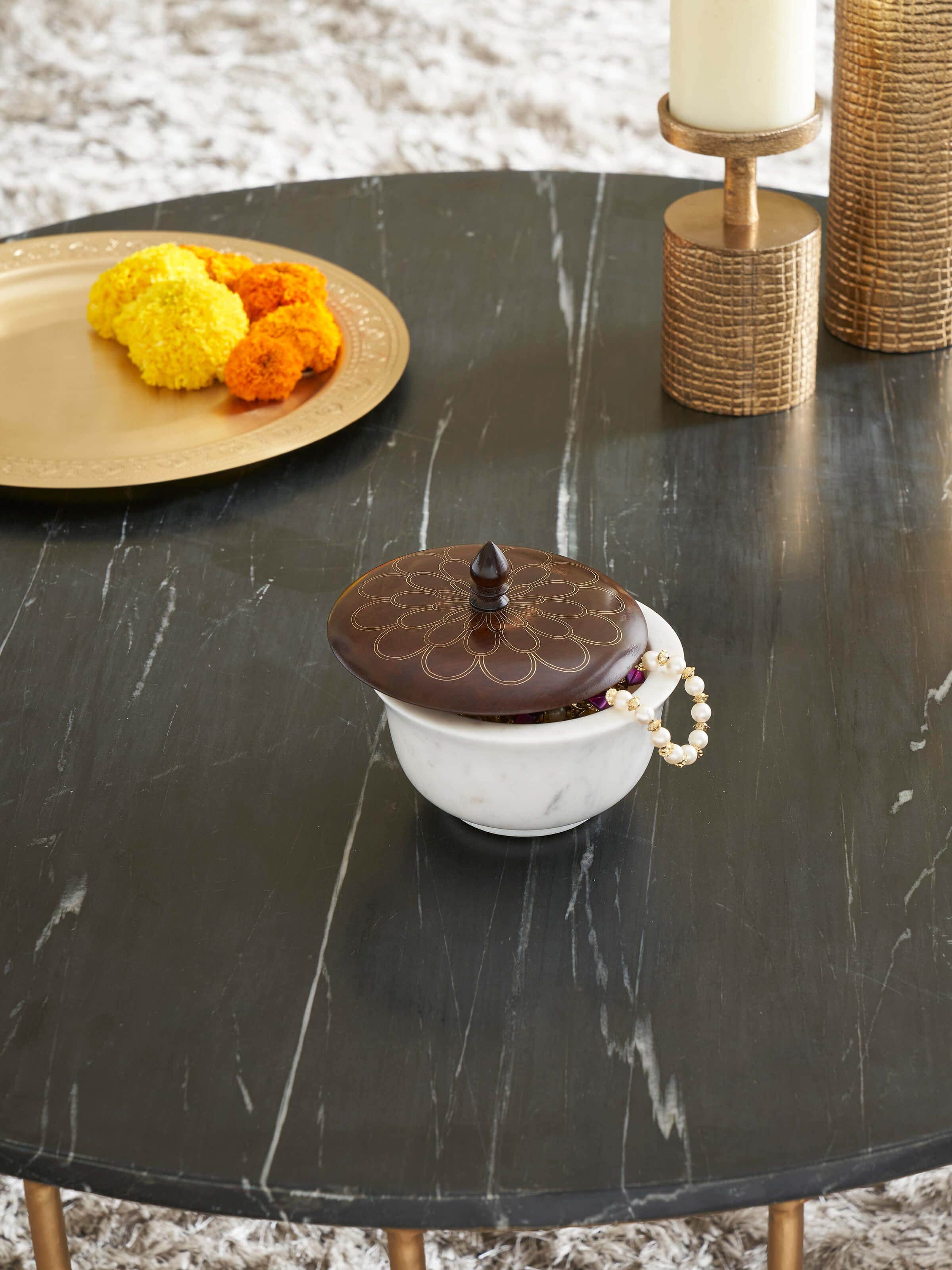 Side view of Polished Blue Pottery Marble and Wood Devotional Container, highlighting the detailed work and materials