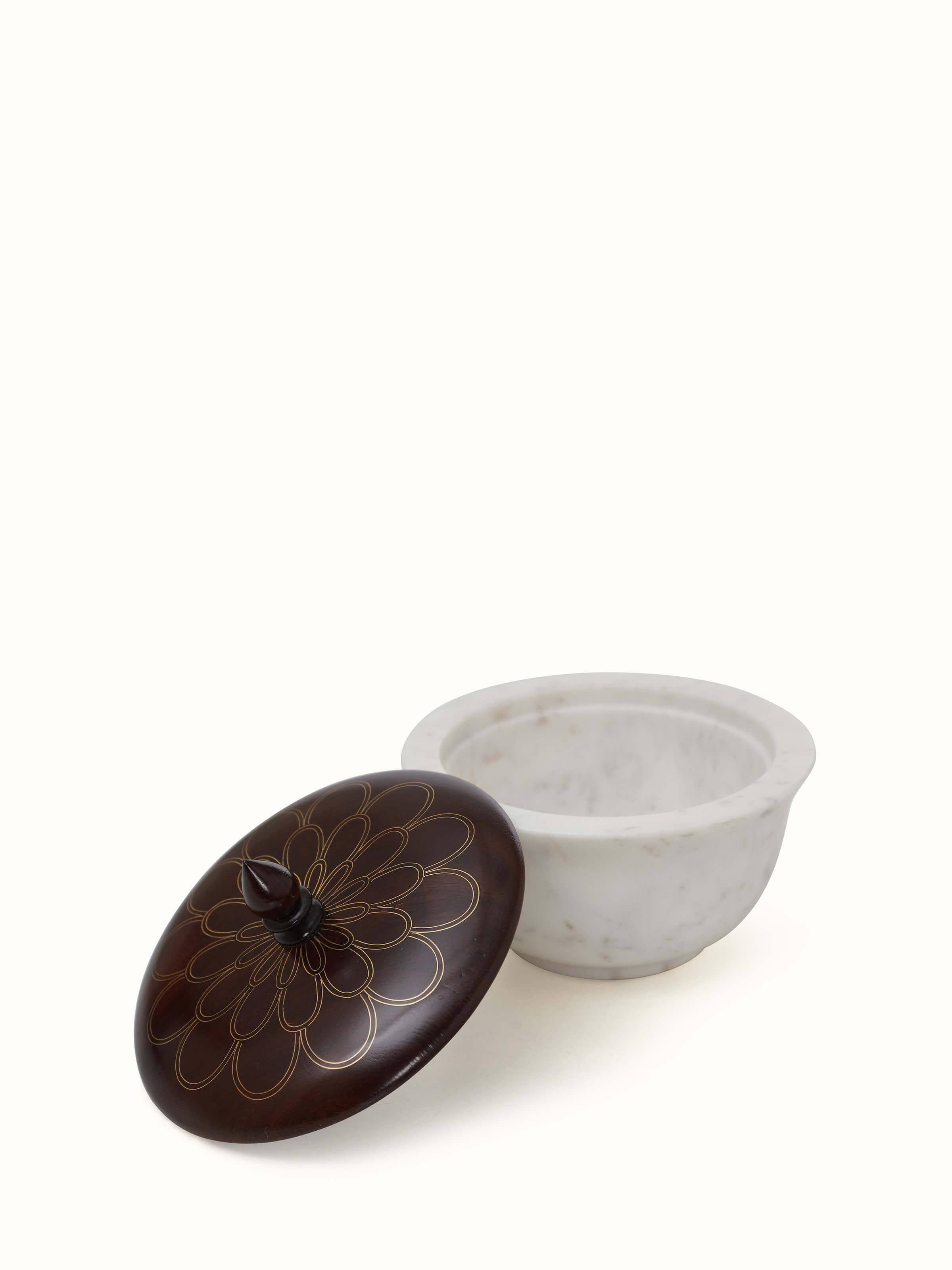 Top view of Polished Blue Pottery Marble and Wood Devotional Container, emphasizing the design and texture