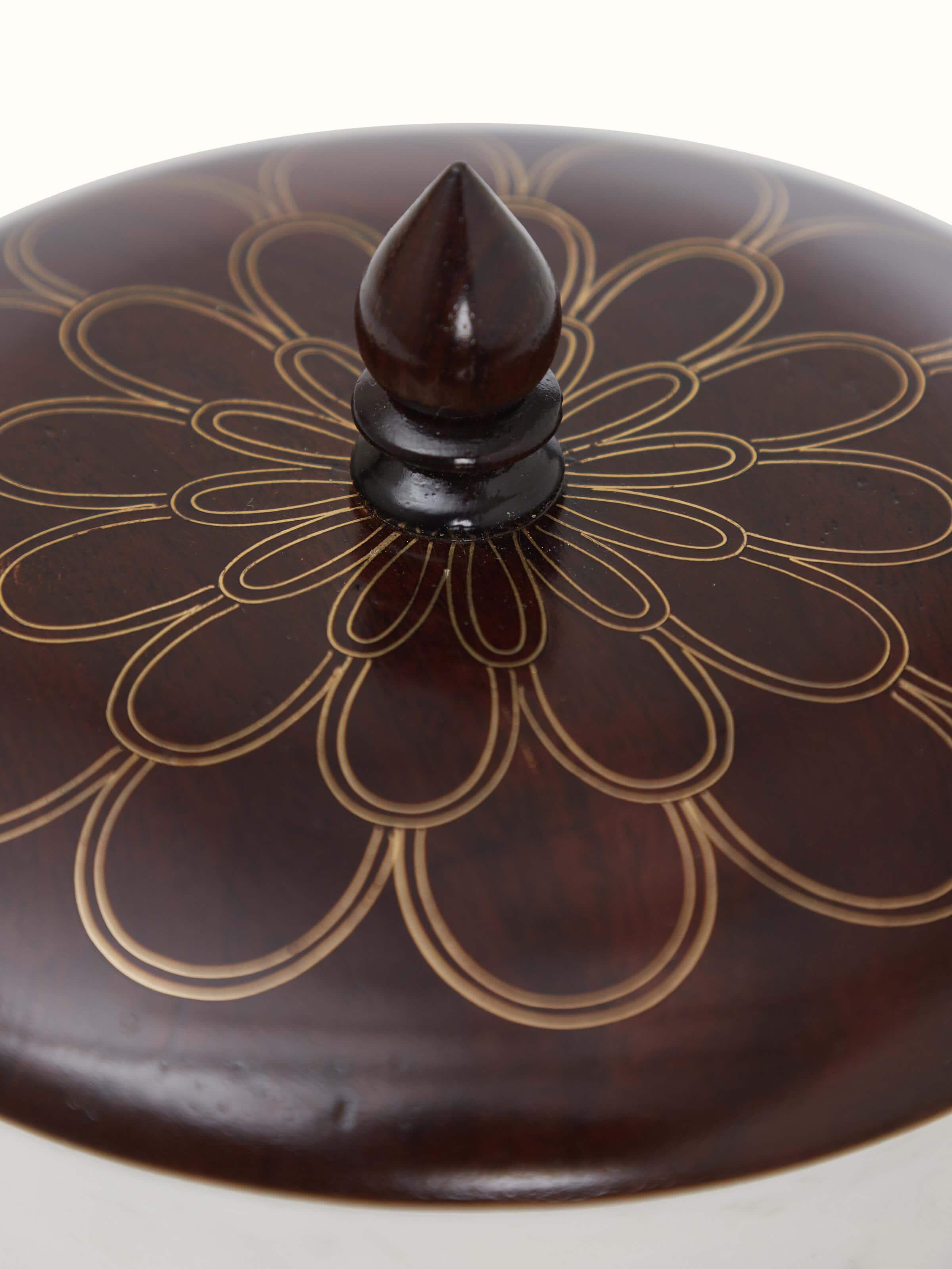 Detailed view of Polished Blue Pottery Marble and Wood Devotional Container, focusing on the polished finish and intricate details