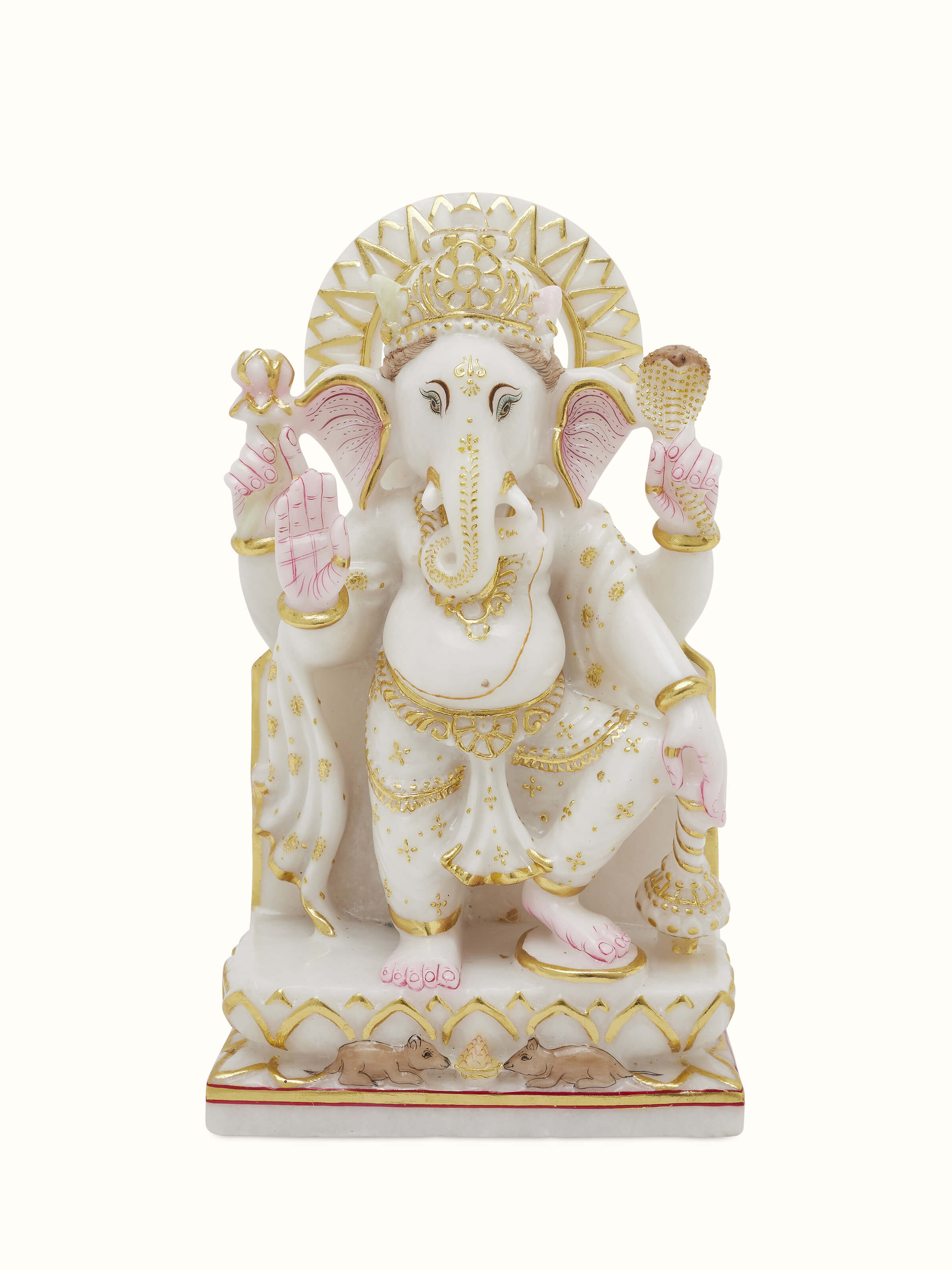 Front view of Ganesha Carved Marble Idol showcasing intricate carvings and detailed craftsmanship