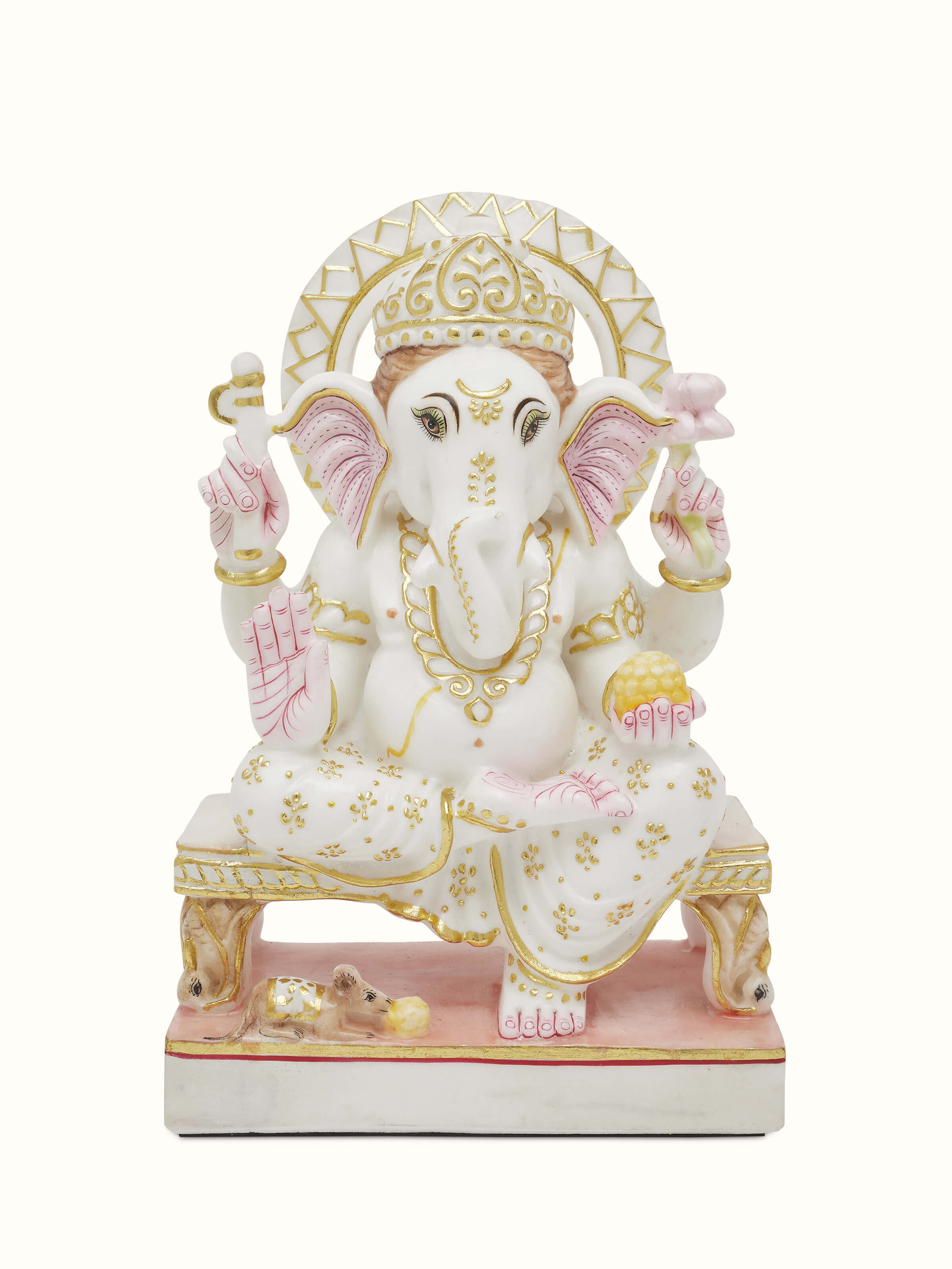 Front view of Carved Marble Ganesha Idol showing detailed stone carving and serene expression.