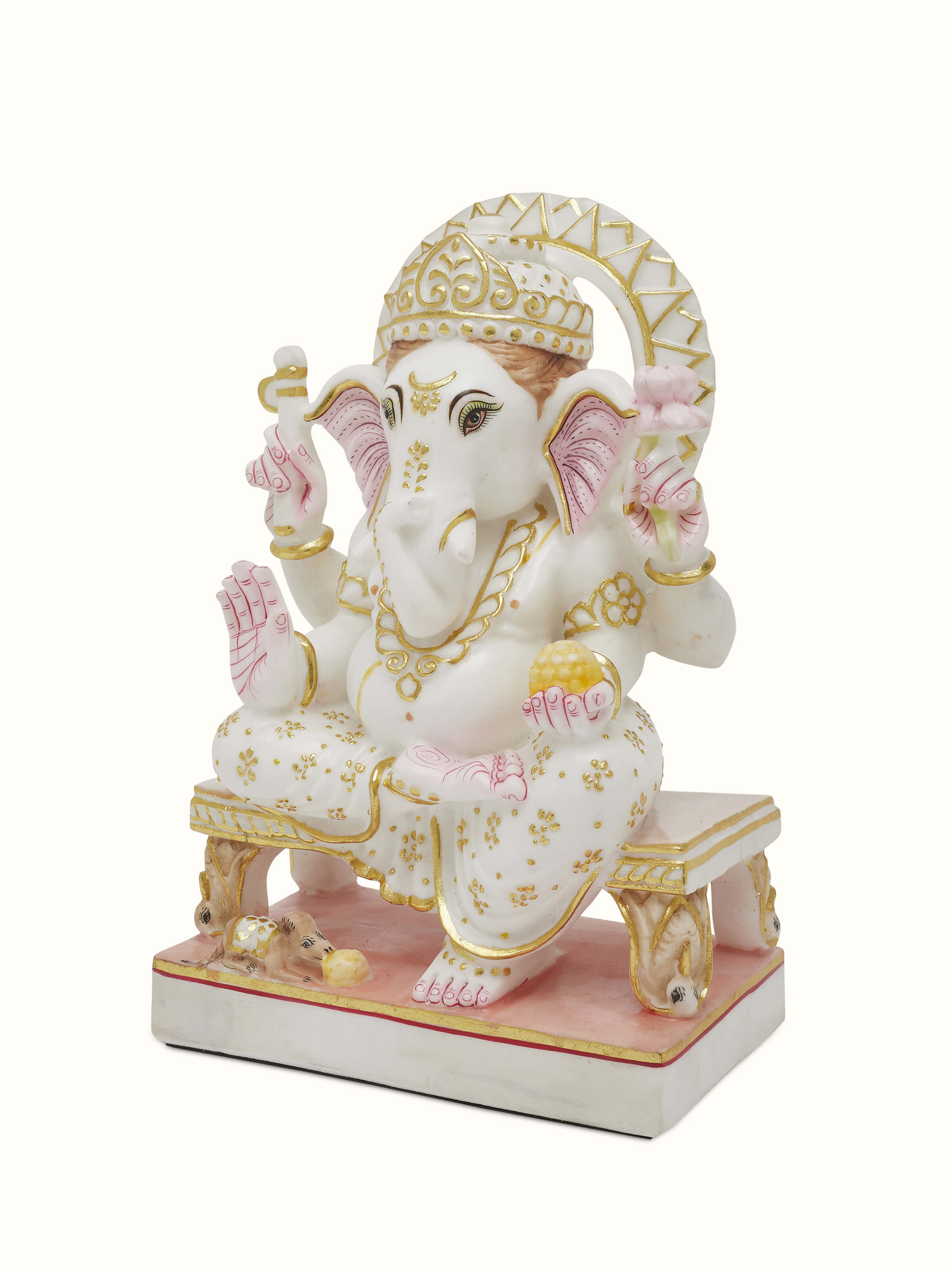 Angle view of Carved Marble Ganesha Idol highlighting the intricate carving and elegant design.