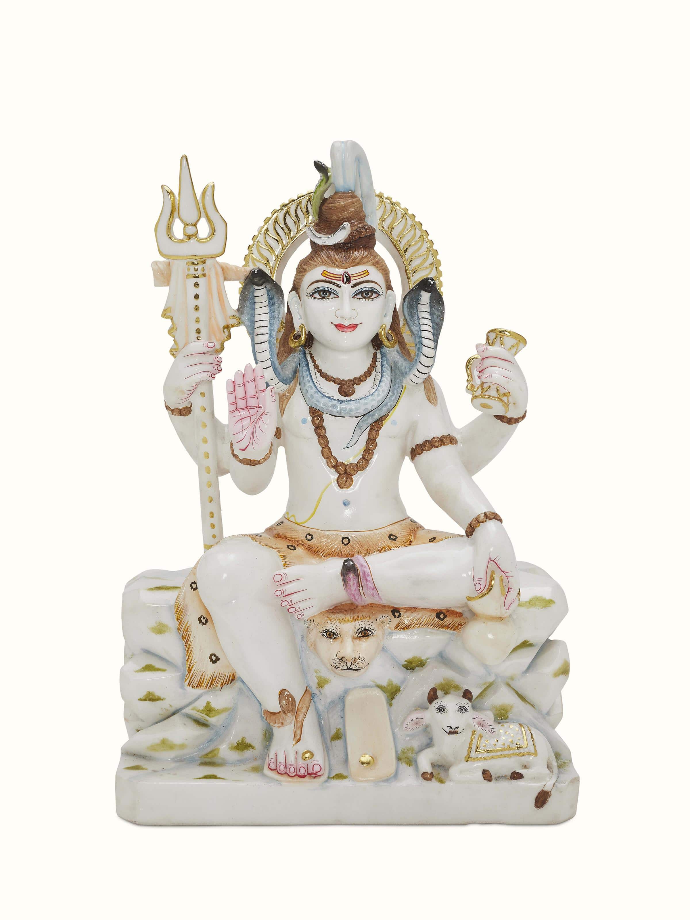 Front view of Carved Marble Shiva Idol showcasing the detailed carving and marble craftsmanship.