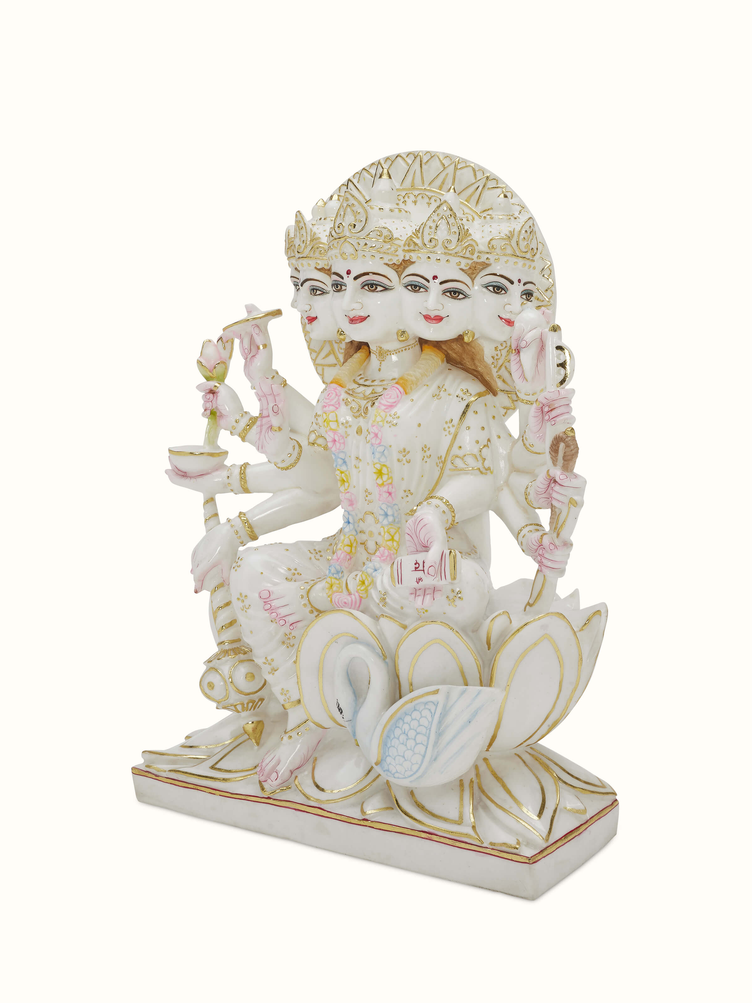 Side view of Gayatri Mata Ji carved marble idol, highlighting the fine carving and detailed artwork.
