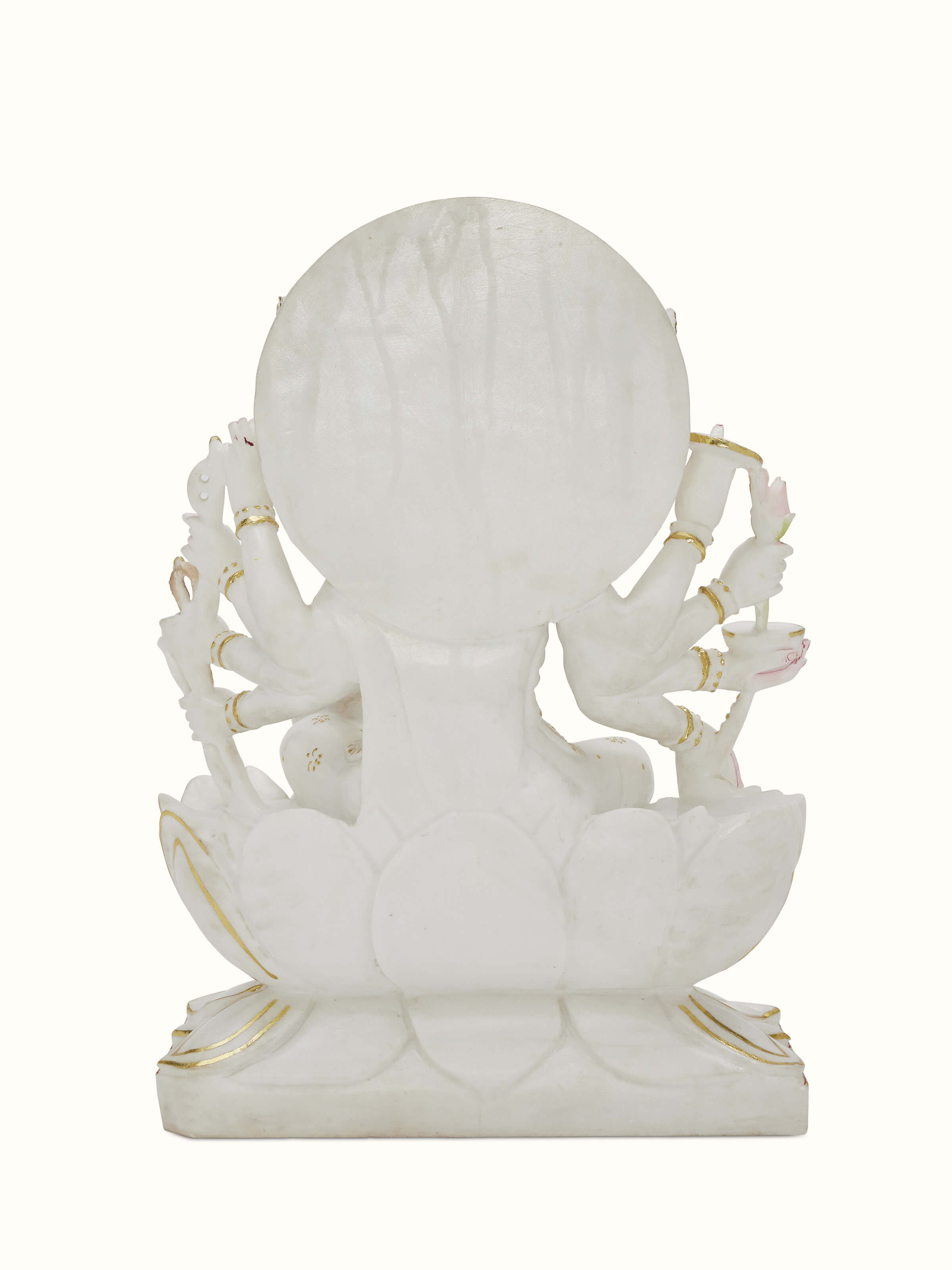 Angled view of Gayatri Mata Ji carved marble idol, emphasizing the detailed craftsmanship and marble finish.