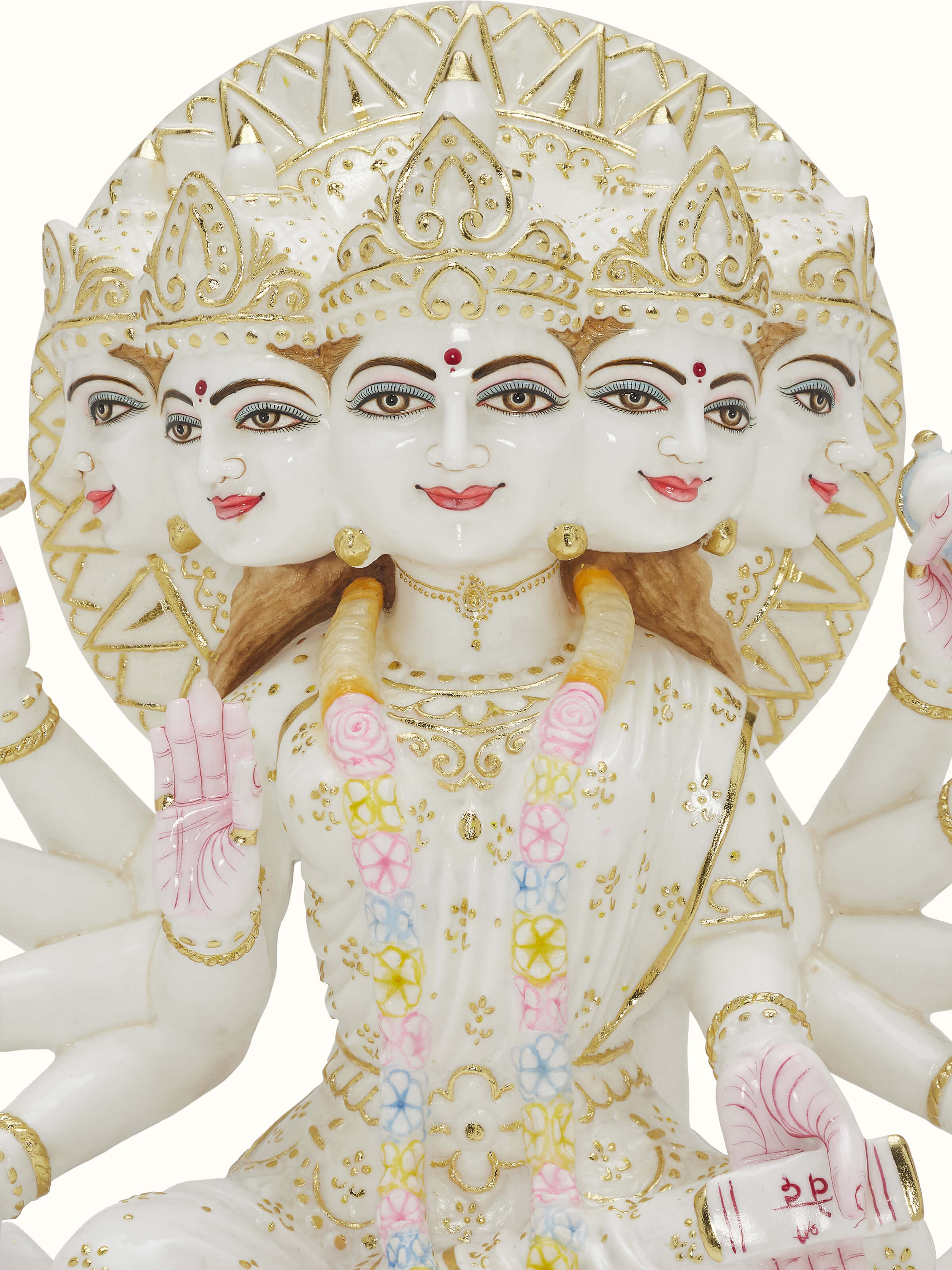 Full view of Gayatri Mata Ji carved marble idol, highlighting its graceful design and exquisite marble work.
