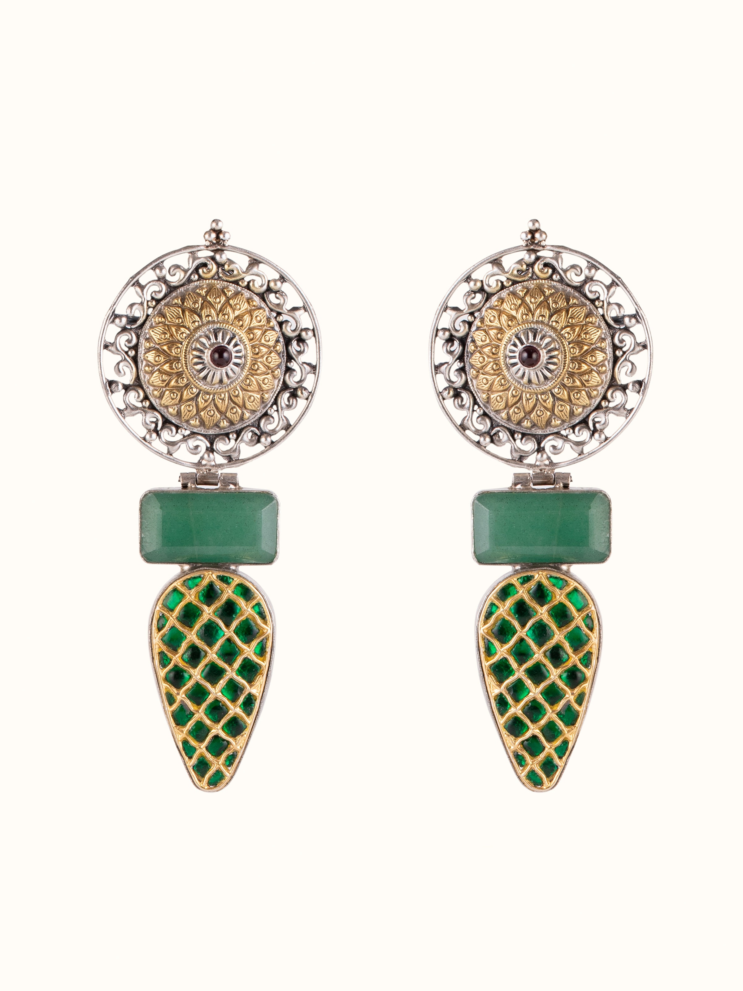 Front view of Silver Smithing Drop Earrings showcasing elegant design and detailed silverwork.