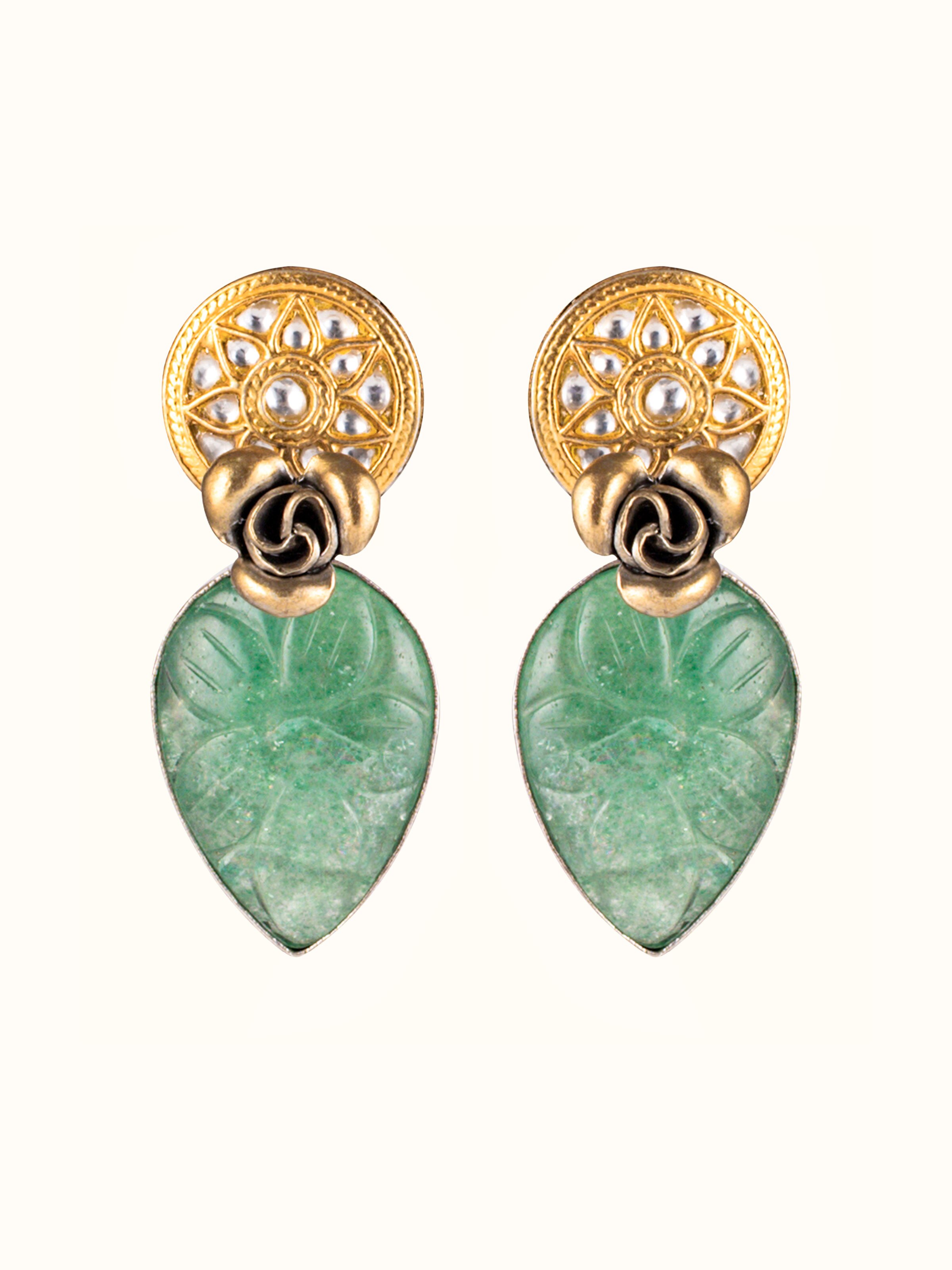 Front view of Silver Smithing Drop Earrings with intricate silver craftsmanship