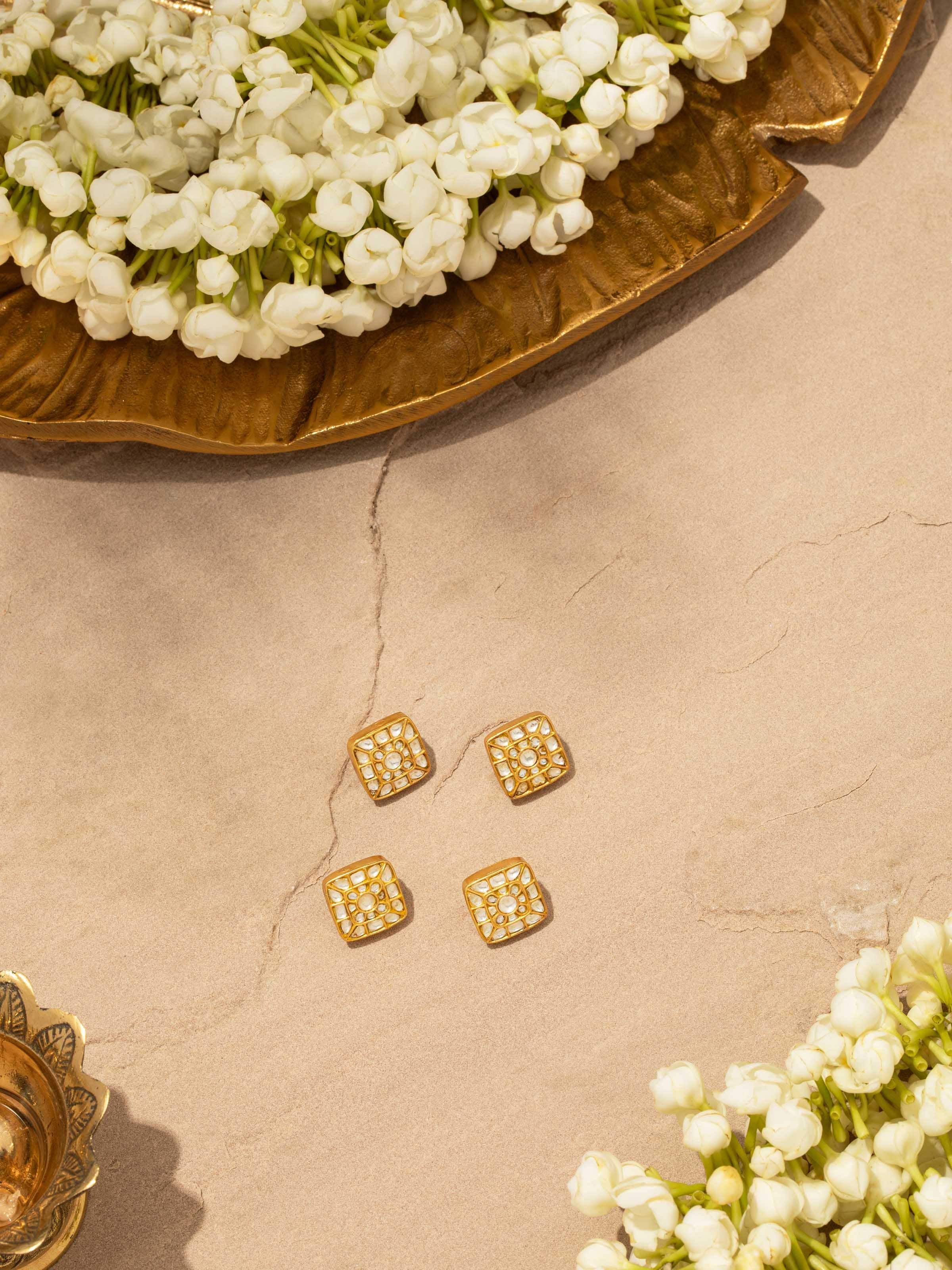 Angled view of Silver Smithing Jodhpuri Button Set displaying the polished finish and fine detailing.