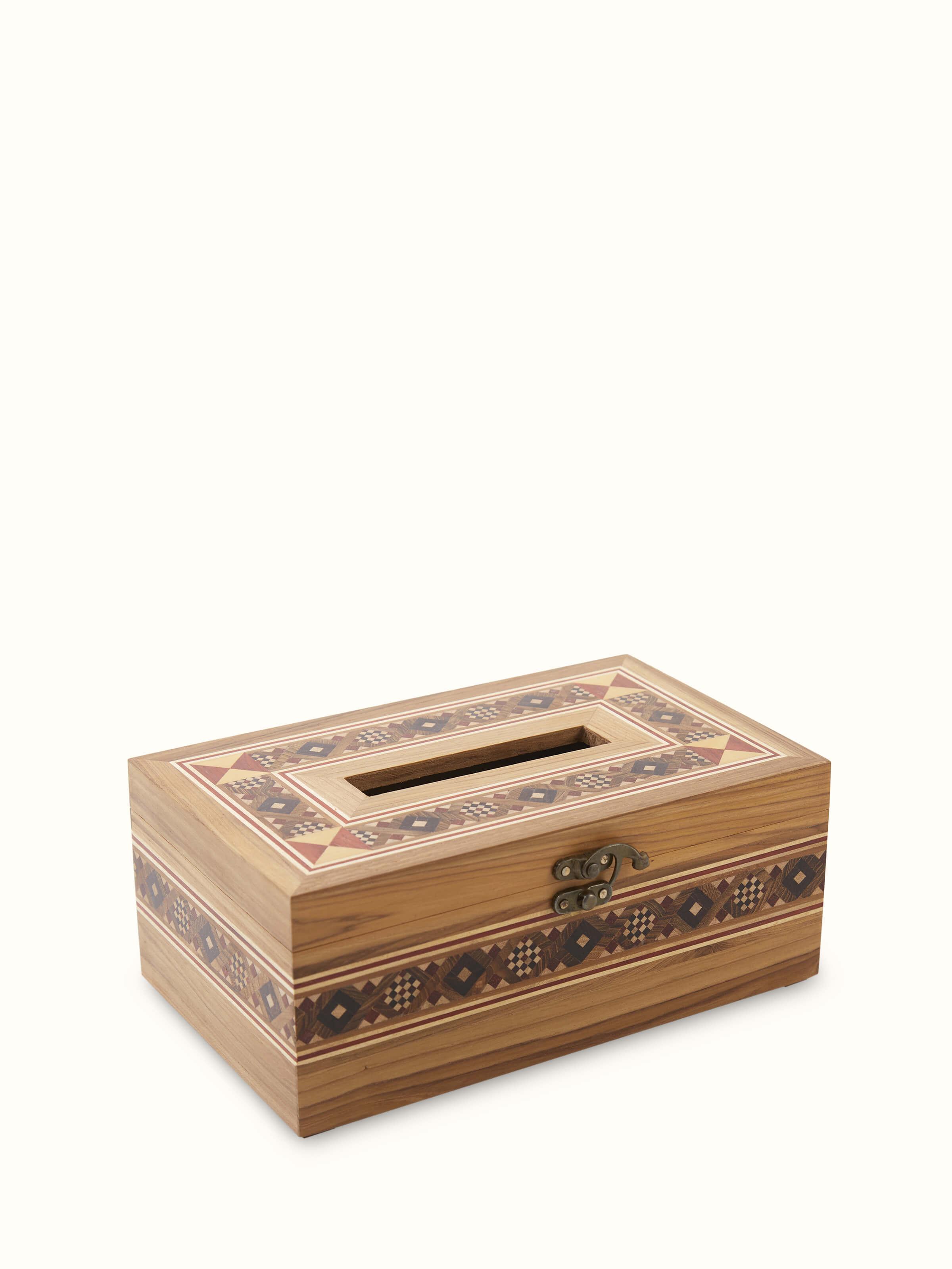 Front view of Natural marquetry rosewood tissue box highlighting its elegant design and intricate details.