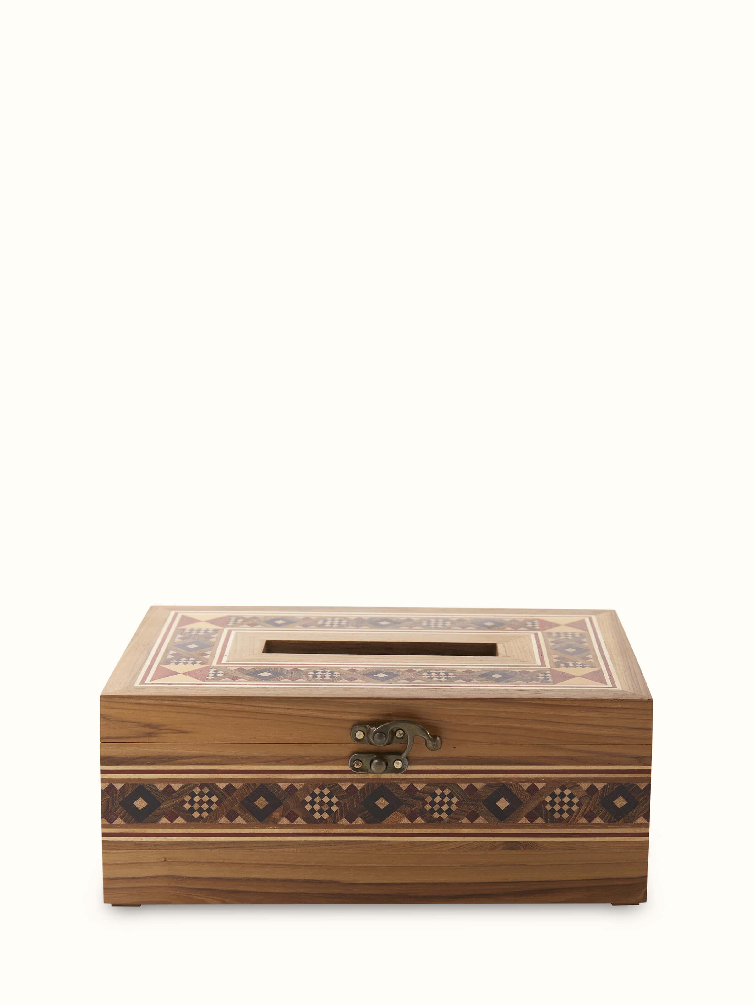 Angle view of Natural marquetry rosewood tissue box emphasizing its luxurious finish and design.