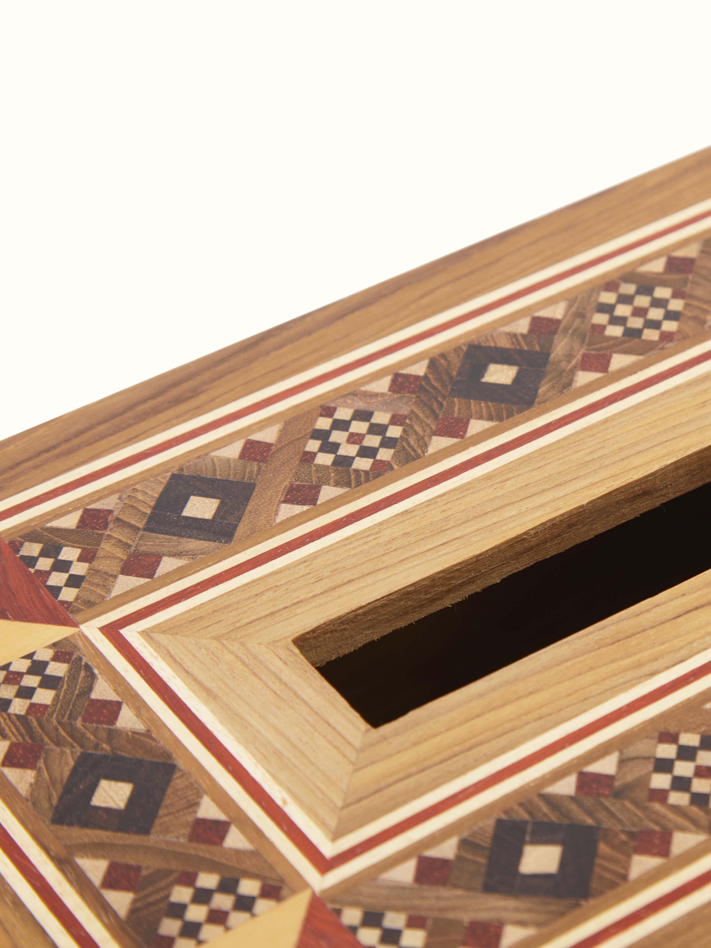 Detailed view of Natural marquetry rosewood tissue box showcasing its premium craftsmanship and fine details.