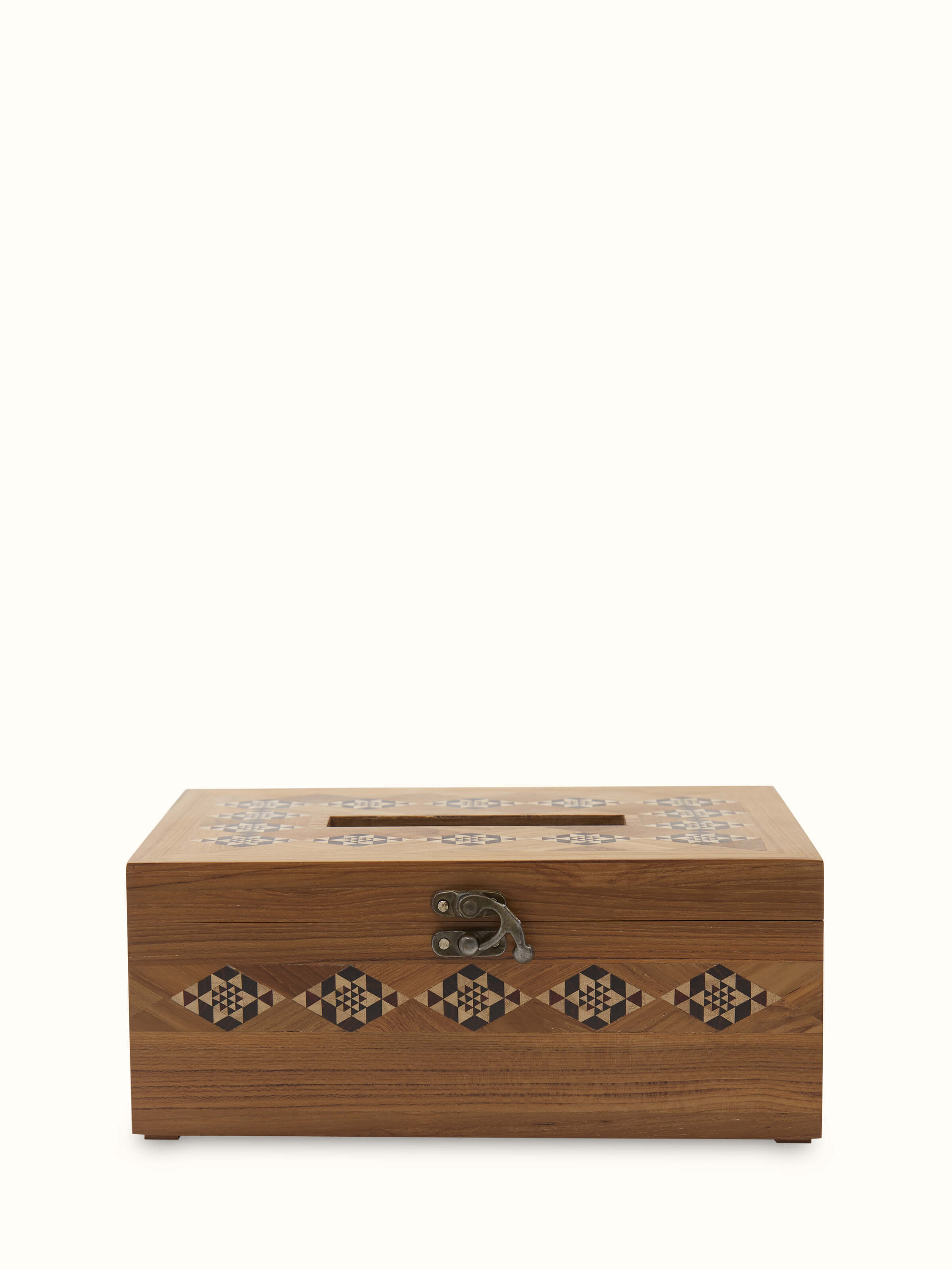 Front view of Marquetry Rosewood Tissue Box in Brown, showcasing intricate woodwork and rich color