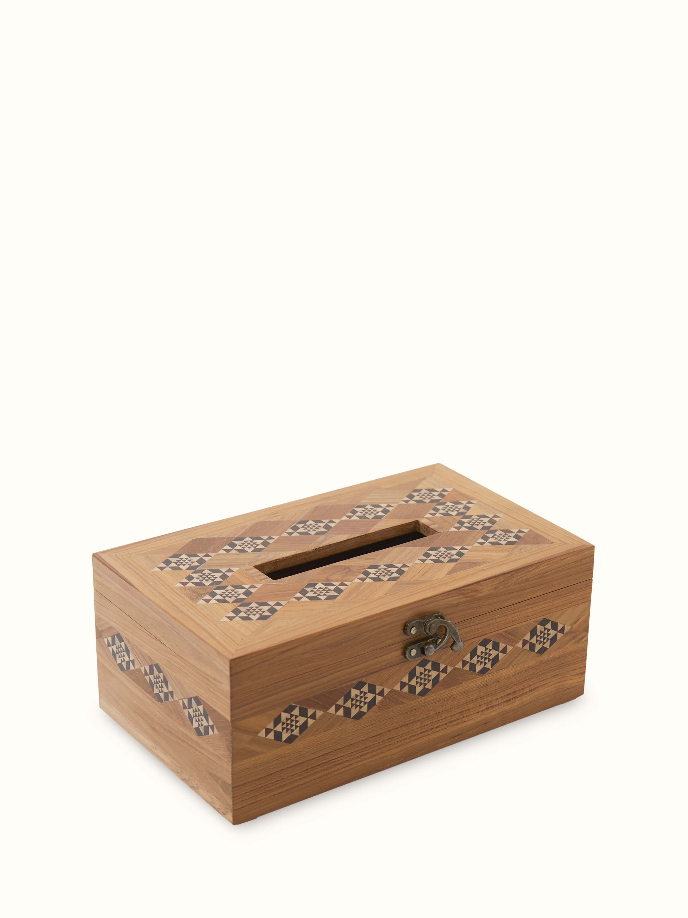 Side view of Marquetry Rosewood Tissue Box in Brown, highlighting detailed marquetry design