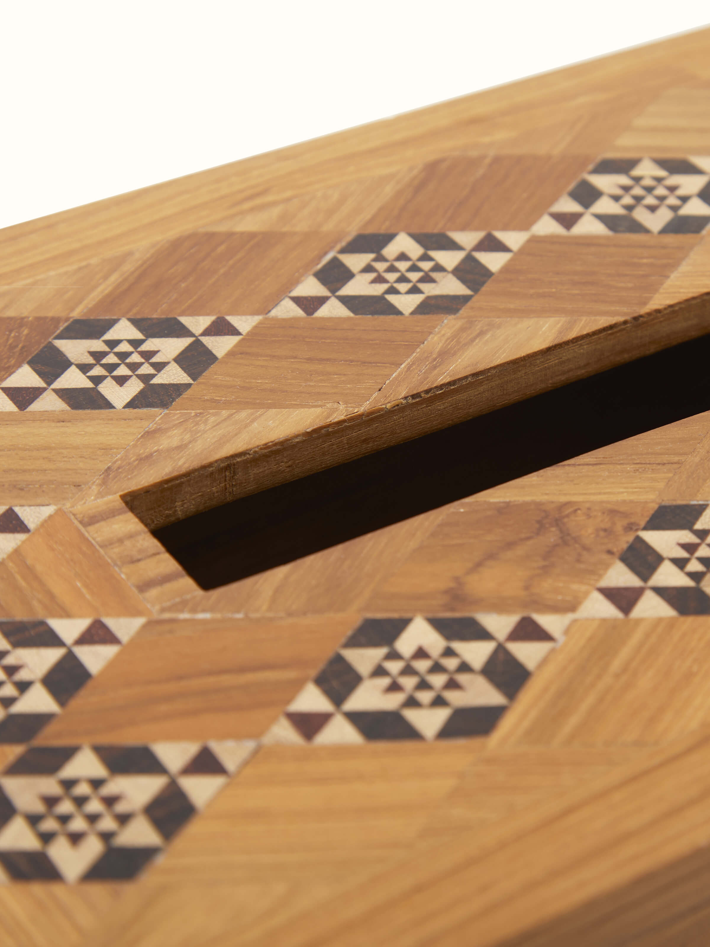 Close-up view of Marquetry Rosewood Tissue Box in Brown, focusing on detailed marquetry and quality