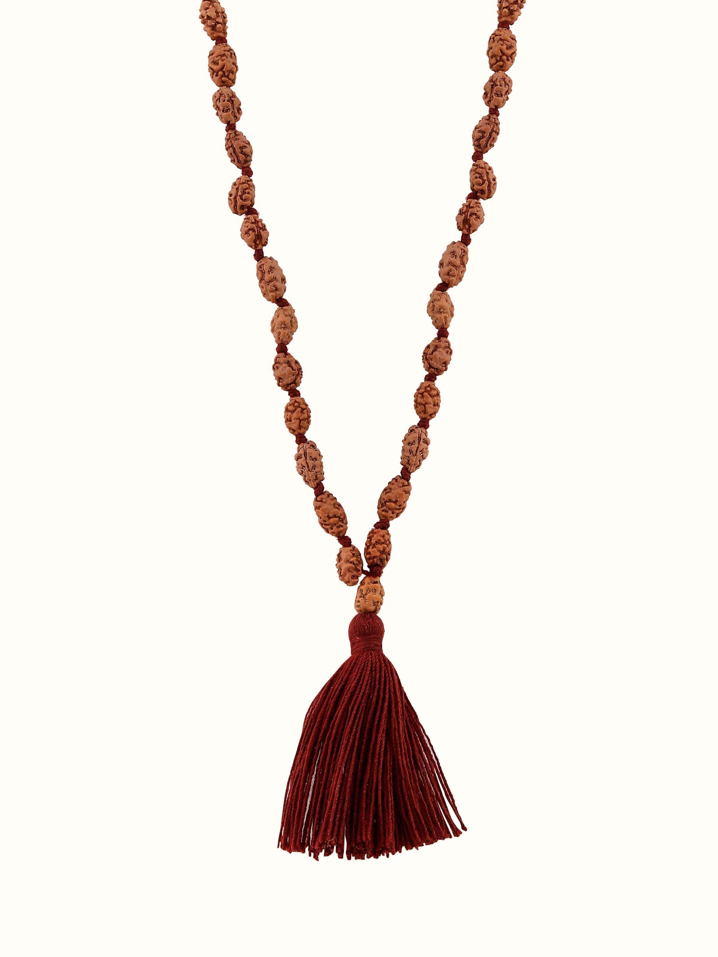 Front view of Dwimukhi Rudraksha Mala highlighting the unique dual-faced beads and design.