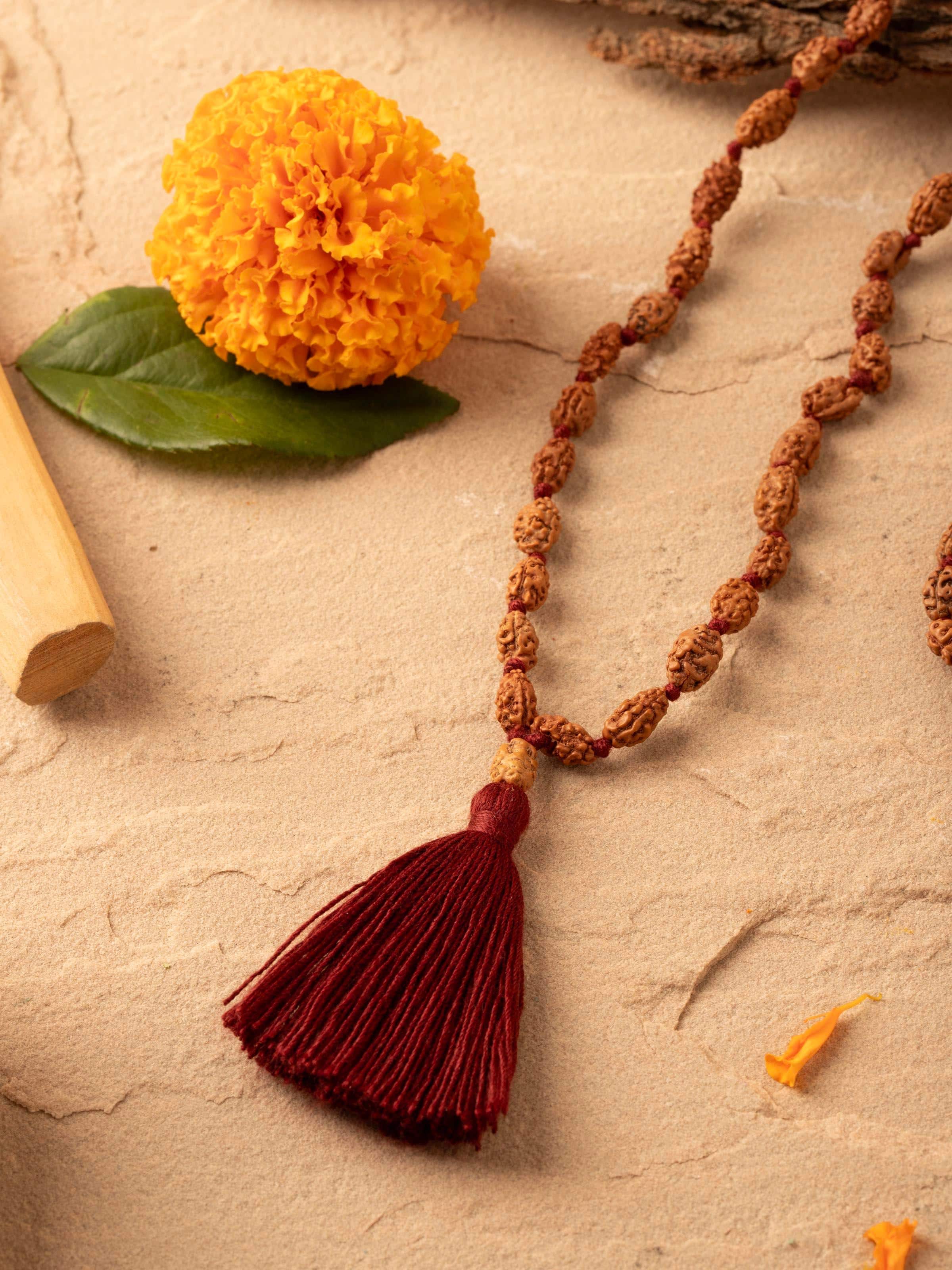Close-up view of Dwimukhi Rudraksha Mala showing the intricate detailing and quality of the rudraksha beads.
