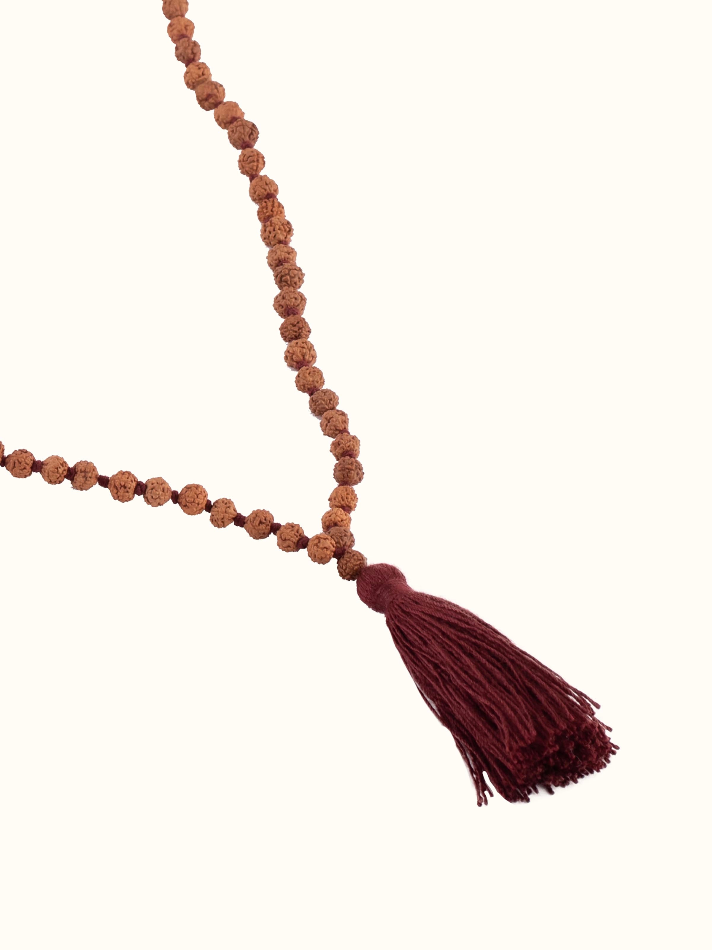 Detailed shot of Panchmukhi Rudraksha Mala (7mm), focusing on bead quality and traditional stringing