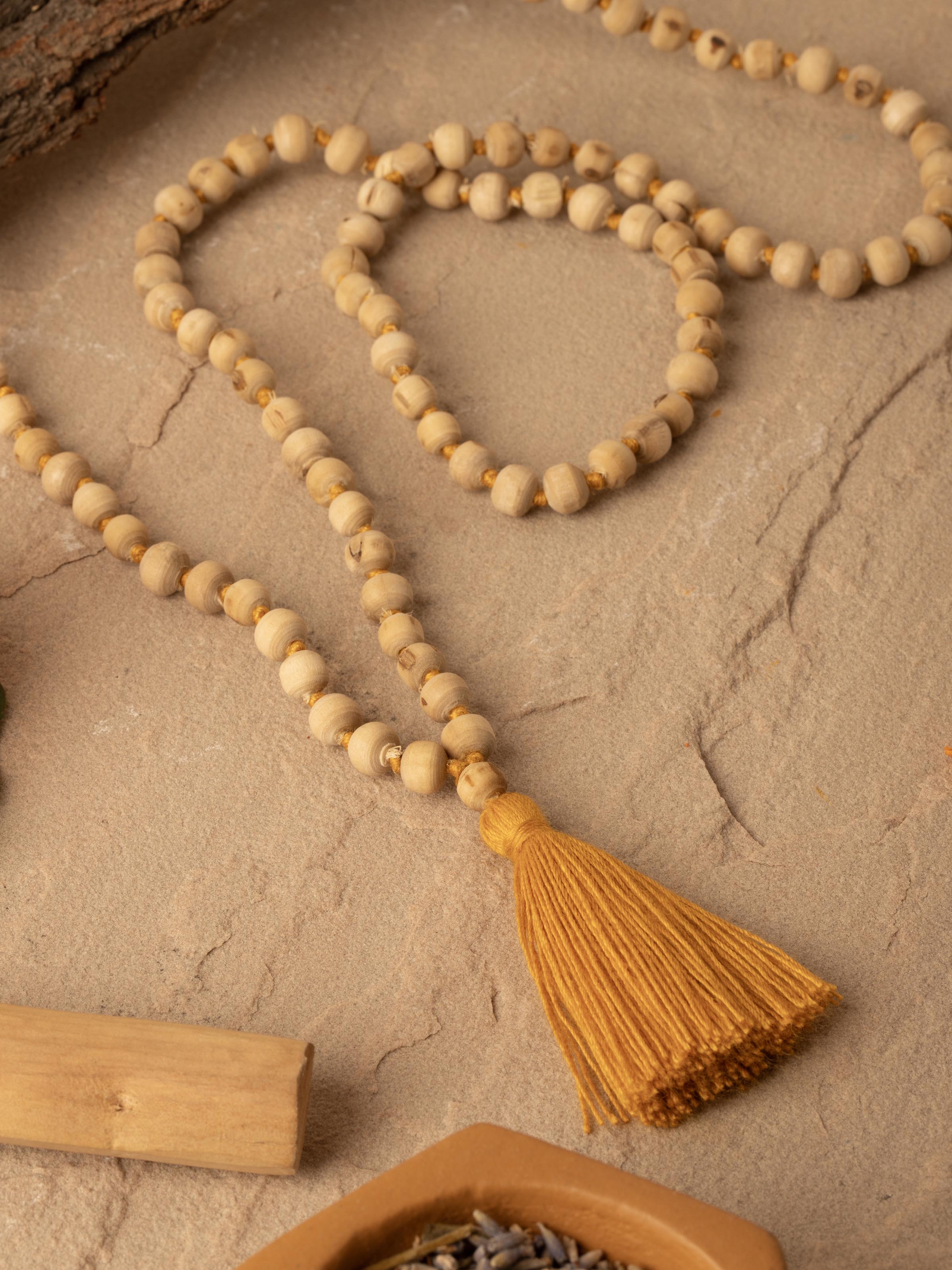 Close-up of Tulsi Mala (6mm) highlighting the texture and quality of the Tulsi beads.