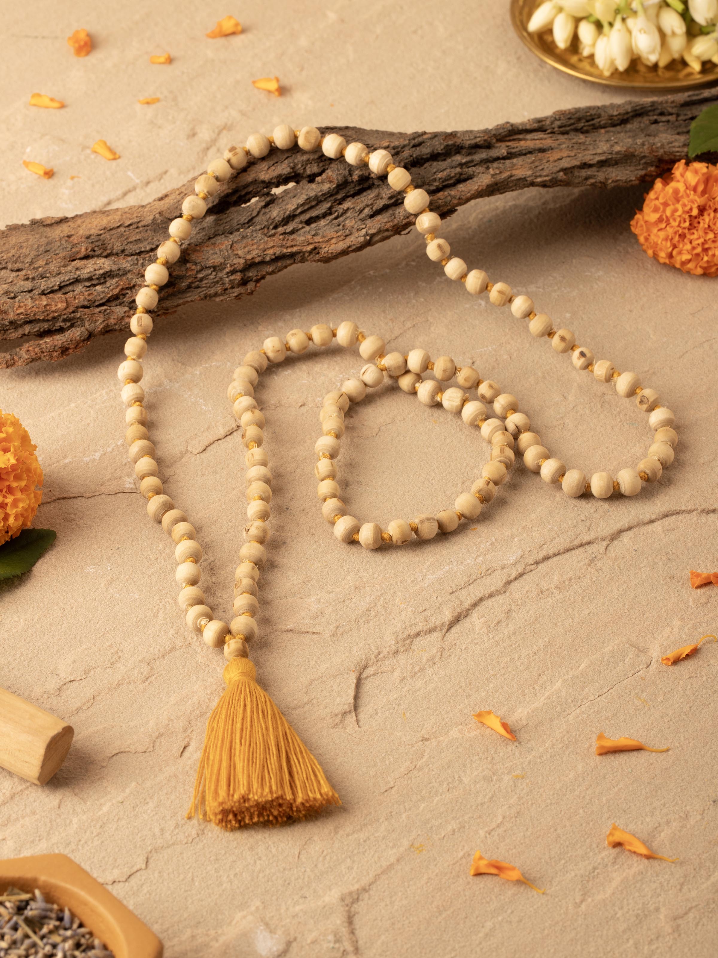 Side view of Tulsi Mala (6mm) showing the bead arrangement and overall design.